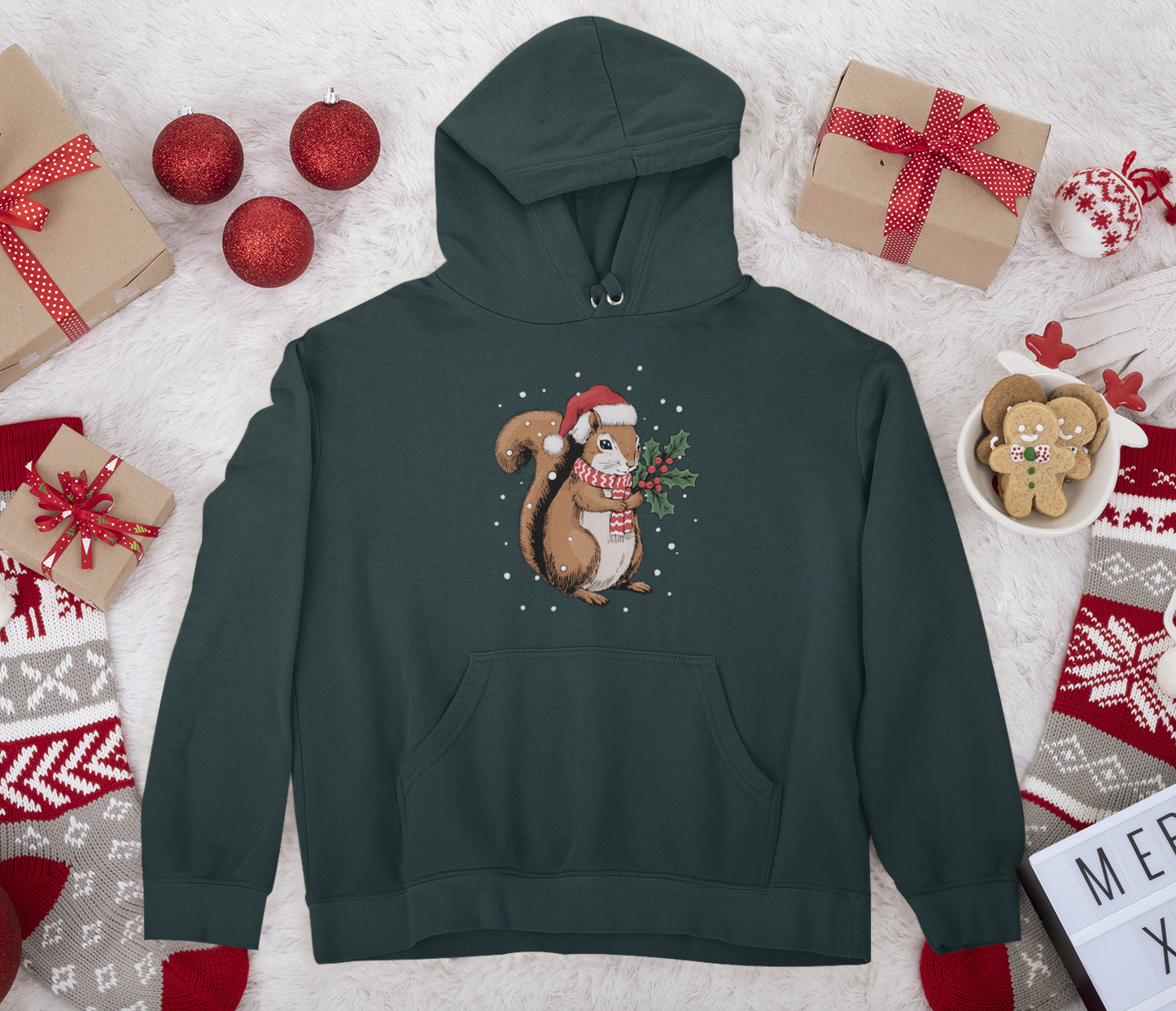 Christmas Squirrel Pullover Hoodie, Festive Holiday Xmas Squirrels In Santa Hat Hooded Sweatshirt, Cute Snowy Winter Unisex Hoodies