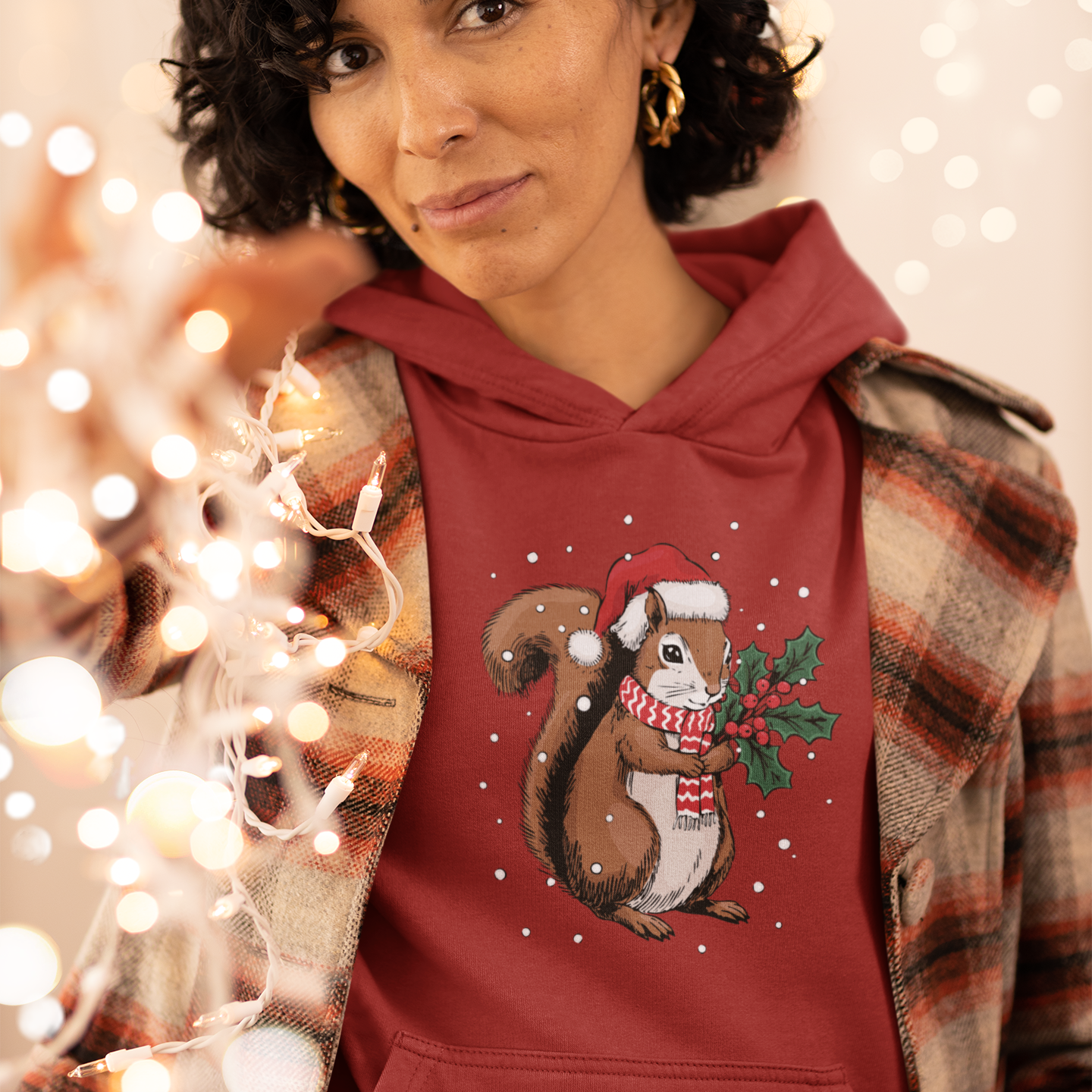 Christmas Squirrel Pullover Hoodie, Festive Holiday Xmas Squirrels In Santa Hat Hooded Sweatshirt, Cute Snowy Winter Unisex Hoodies