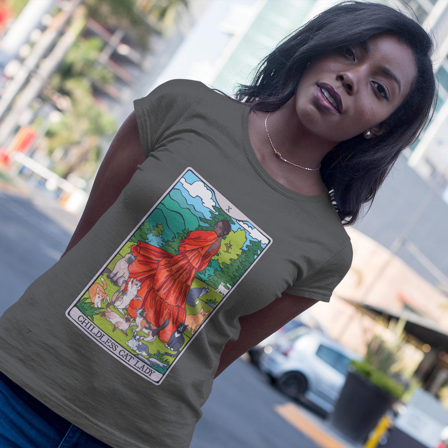 Childless Cat Lady Tarot Card Women's Fitted T-shirt Child-Free Cat Mom Tee with Woman and Cats Design - POC Dark Skin Tone