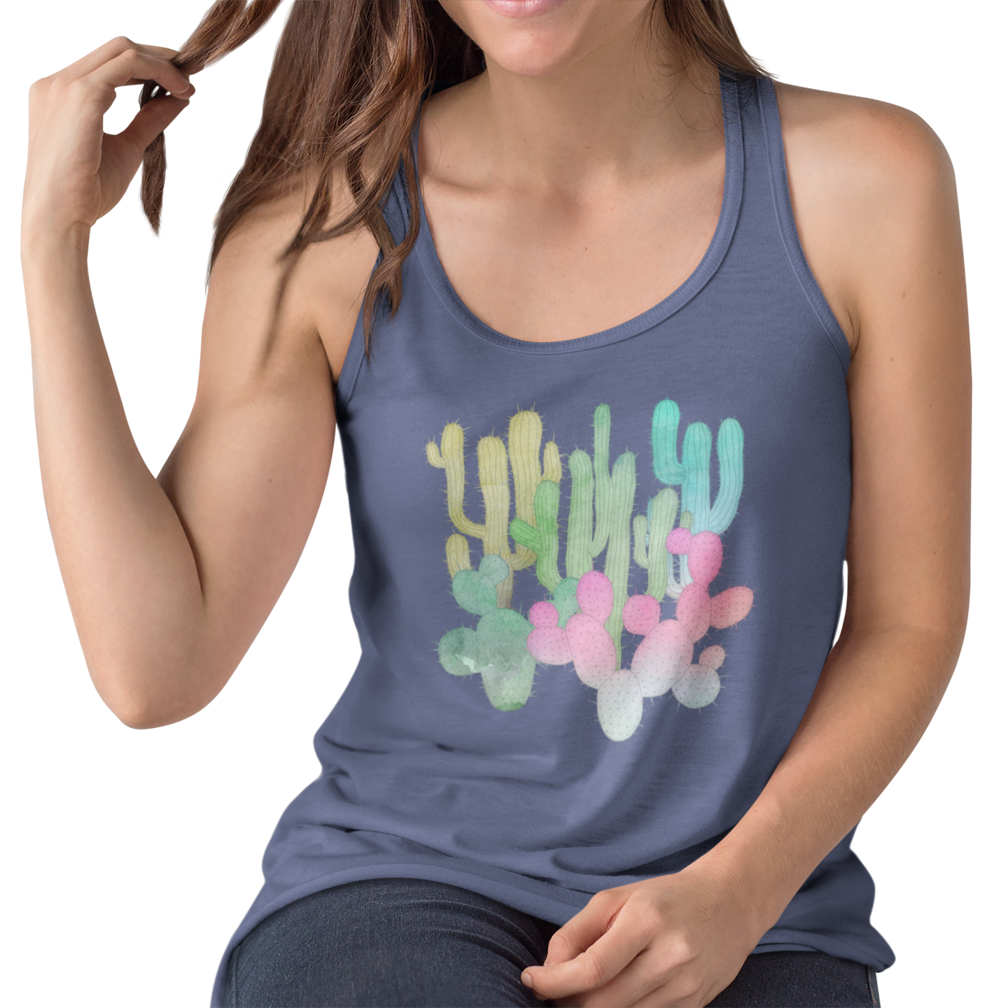 Cactus Garden Arizona Desert Ladies Tank Top Women's Ideal Racerback Tank Colorful Saguaro Cactus Print