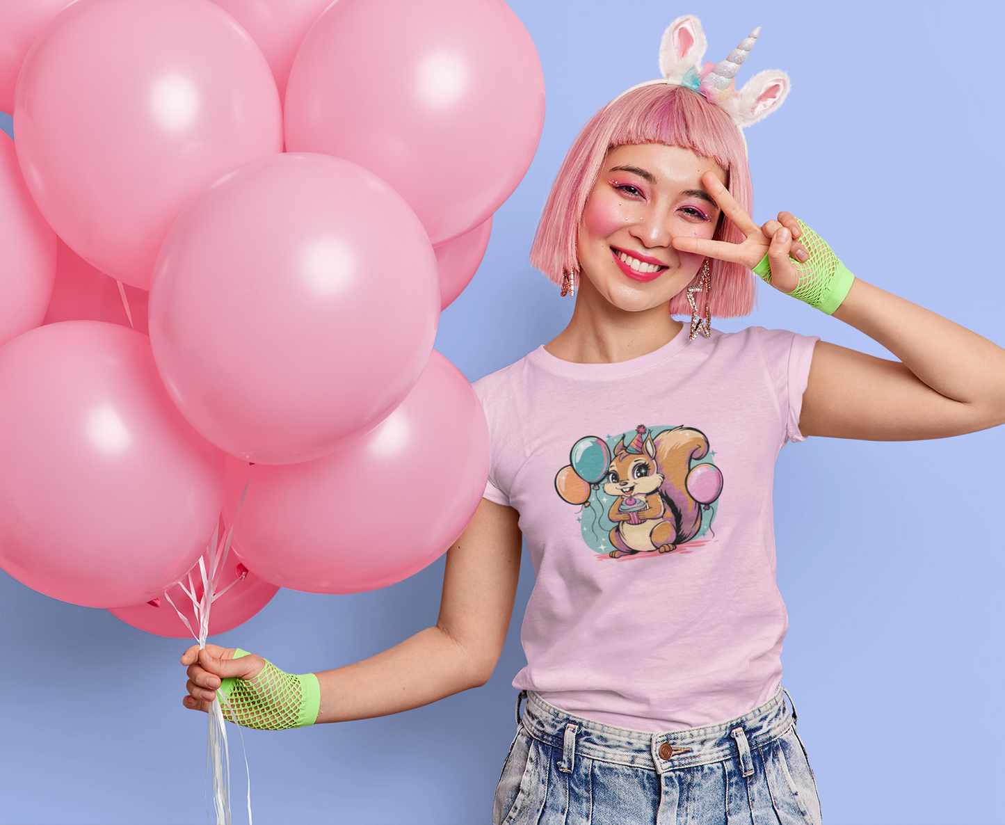 Happy Birthday Party Squirrel Women's T-shirt Squirrels Balloons Cupcake Short Sleeve Tee Celebration Ladies B-day Outfit Top