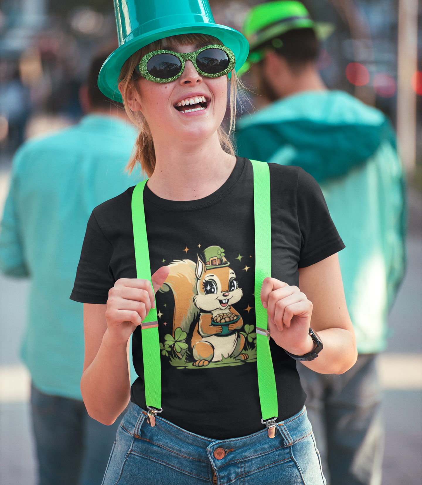 St Patrick's Day Tee, Green T-Shirt with Leprechaun Squirrel, Spring Holiday Shirt, Lucky Charm Top, Unisex Short Sleeve T-shirts