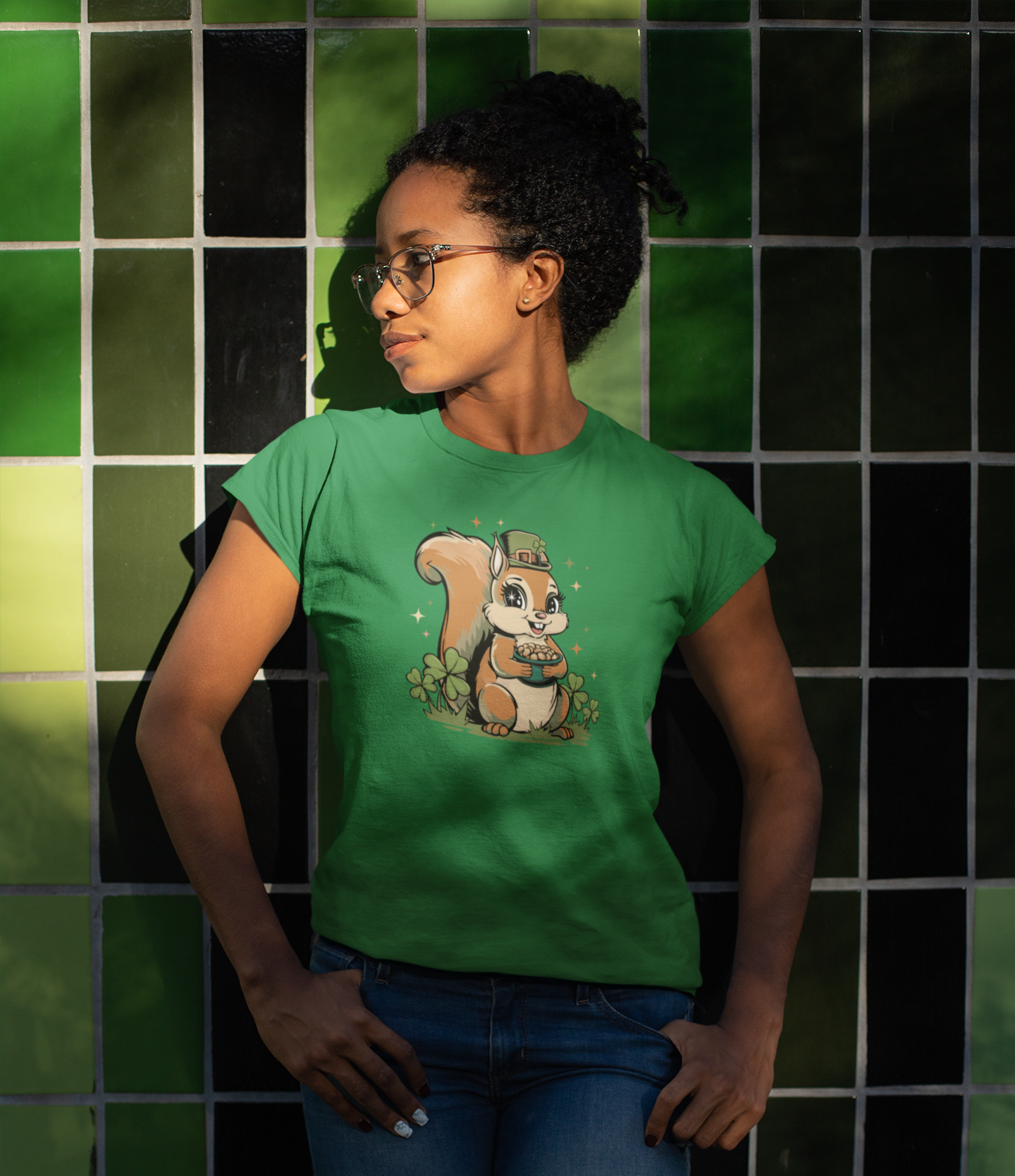 St Patrick's Day Women's T-Shirt with Leprechaun Squirrel, Spring Holiday Tee Shirt, Lucky Charm Top, Short Sleeve Ladies T-shirts
