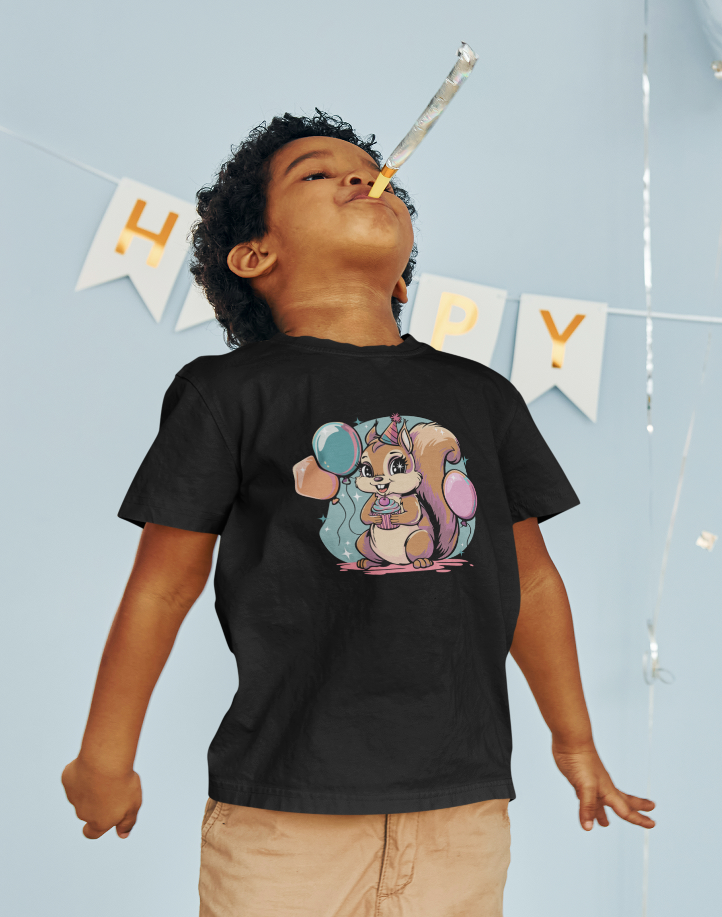 Happy Birthday Party Squirrel Kids T-shirt Squirrels Balloons Cupcake Short Sleeve Tee Celebration B-day Childrens Youth Girls