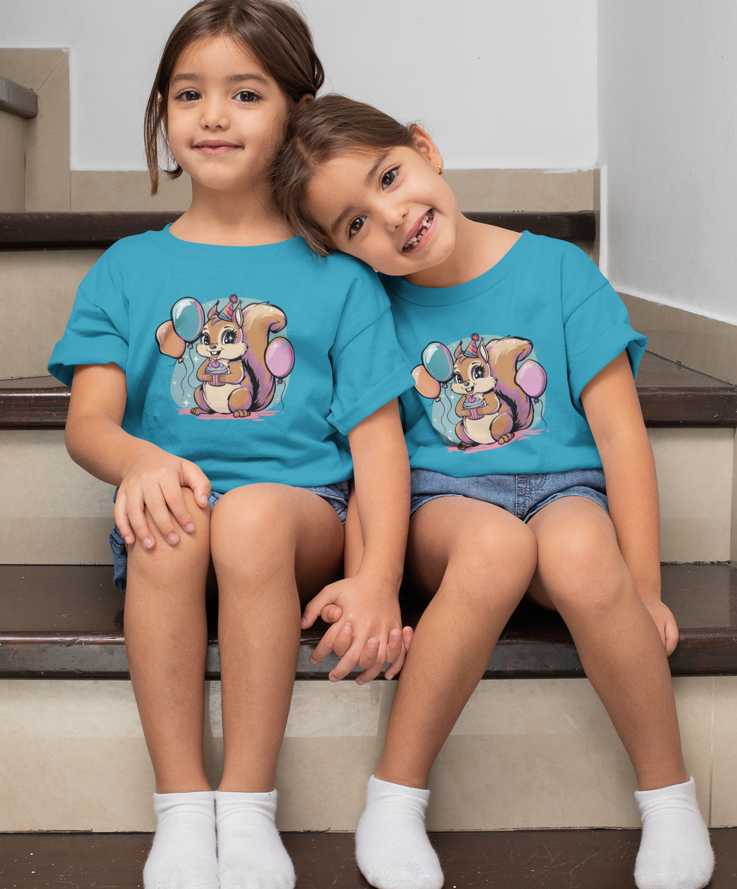 Happy Birthday Party Squirrel Kids T-shirt Squirrels Balloons Cupcake Short Sleeve Tee Celebration B-day Childrens Youth Girls