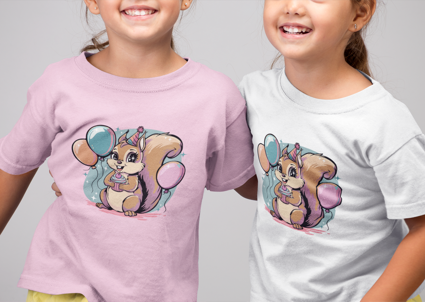 Happy Birthday Party Squirrel Kids T-shirt Squirrels Balloons Cupcake Short Sleeve Tee Celebration B-day Childrens Youth Girls
