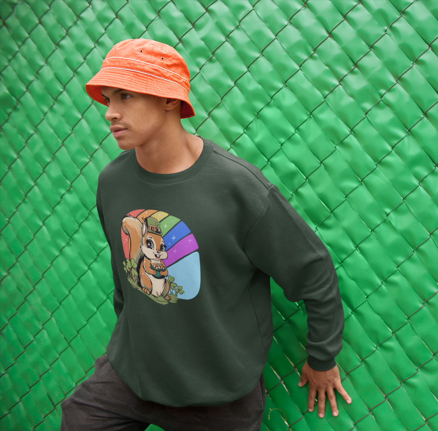 St Patrick's Day Crew Neck Sweatshirt with Leprechaun Squirrel, Spring Holiday Sweater Lucky Charm Unisex Long Sleeve Top