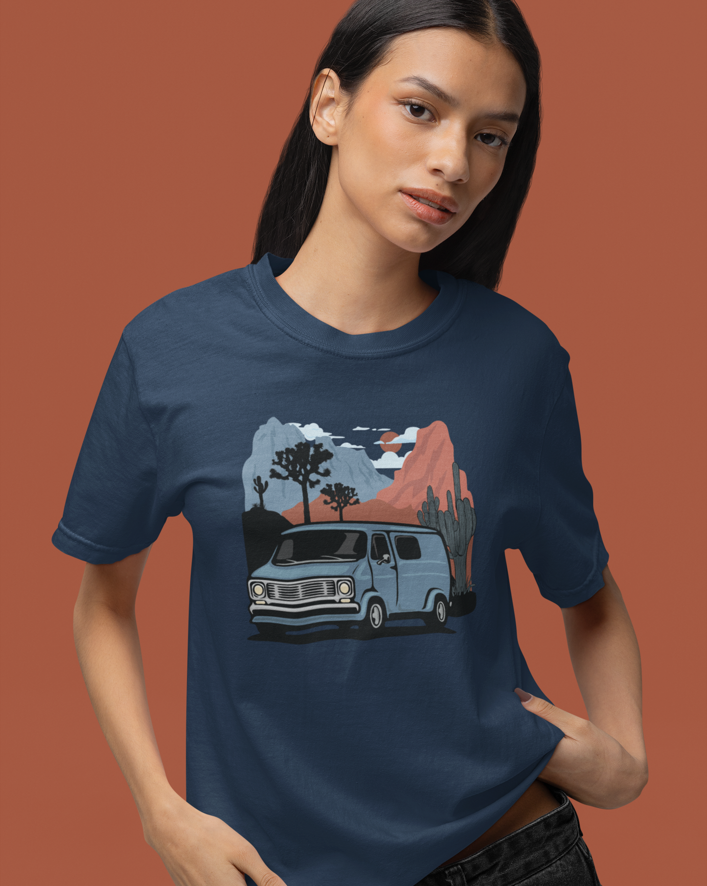 Arizona Desert Vanlife Camper Van Cotton T-shirt - Short Sleeve Tee Retro Van in Joshua Tree & Cactus Landscape