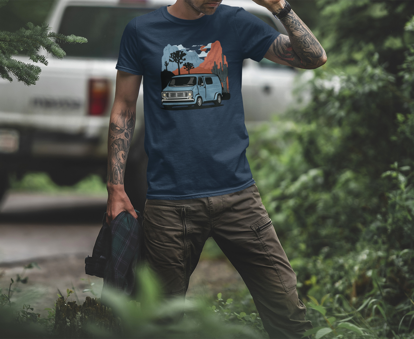 Arizona Desert Vanlife Camper Van Cotton T-shirt - Short Sleeve Tee Retro Van in Joshua Tree & Cactus Landscape