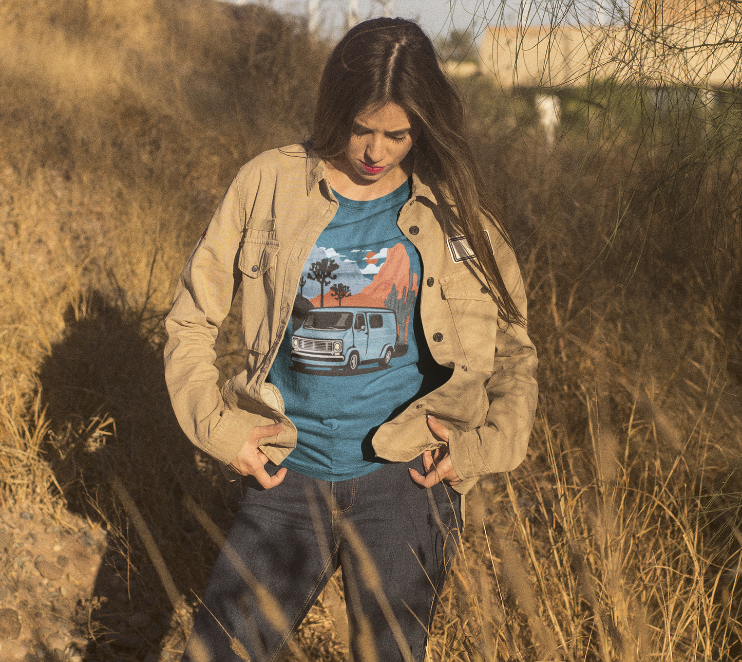 Arizona Desert Vanlife Camper Van Cotton T-shirt - Short Sleeve Tee Retro Van in Joshua Tree & Cactus Landscape