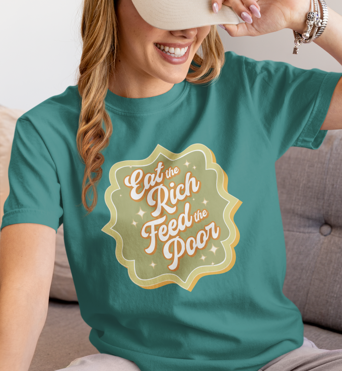 Eat The Rich Feed The Poor Retro Cotton T-shirt - Short Sleeve Tee Mens Womens Unisex with 1970s Design