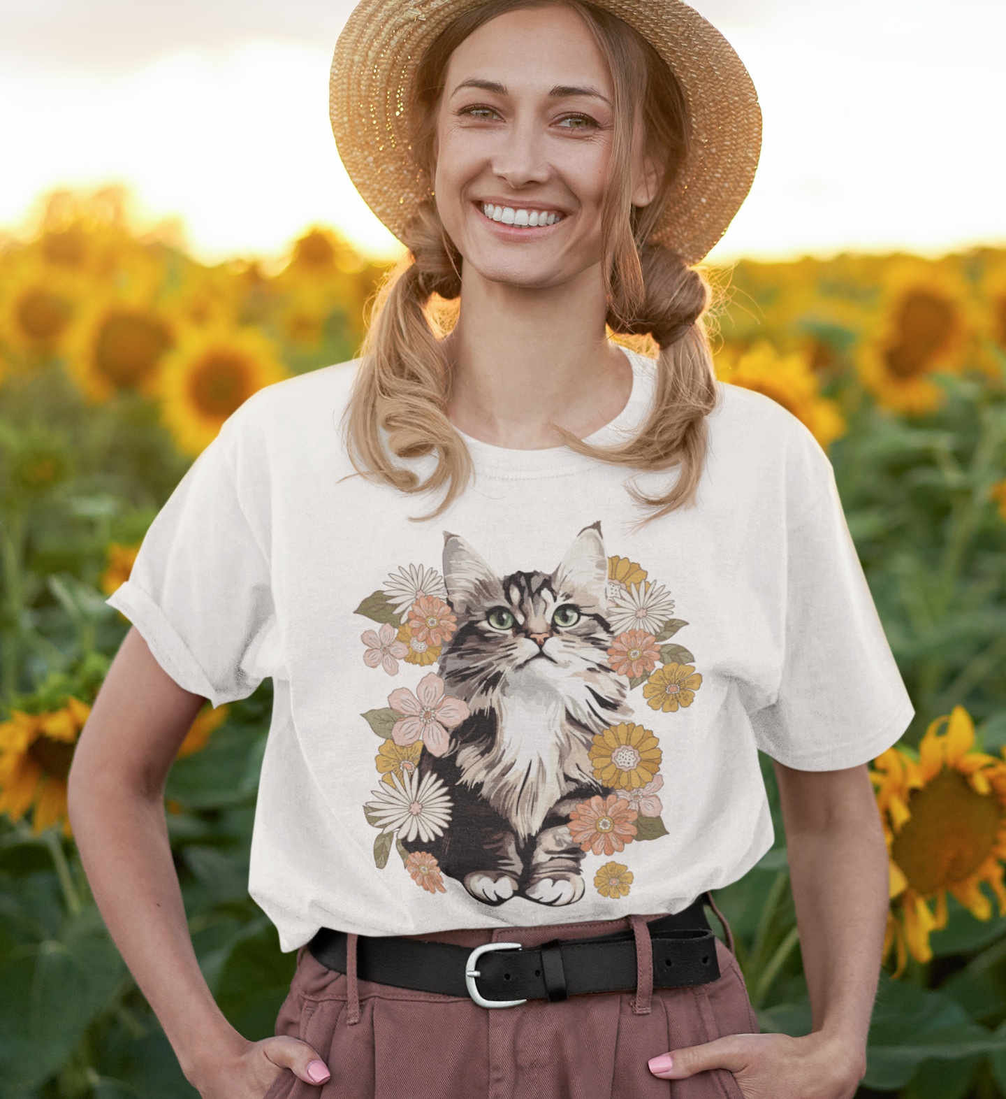 Moonchi Fluffy Kitty In Flowers T-shirt Floral Cat Tee Shirt | Gift for Pet Owners | Retro Vintage Style Tee Summer Apparel