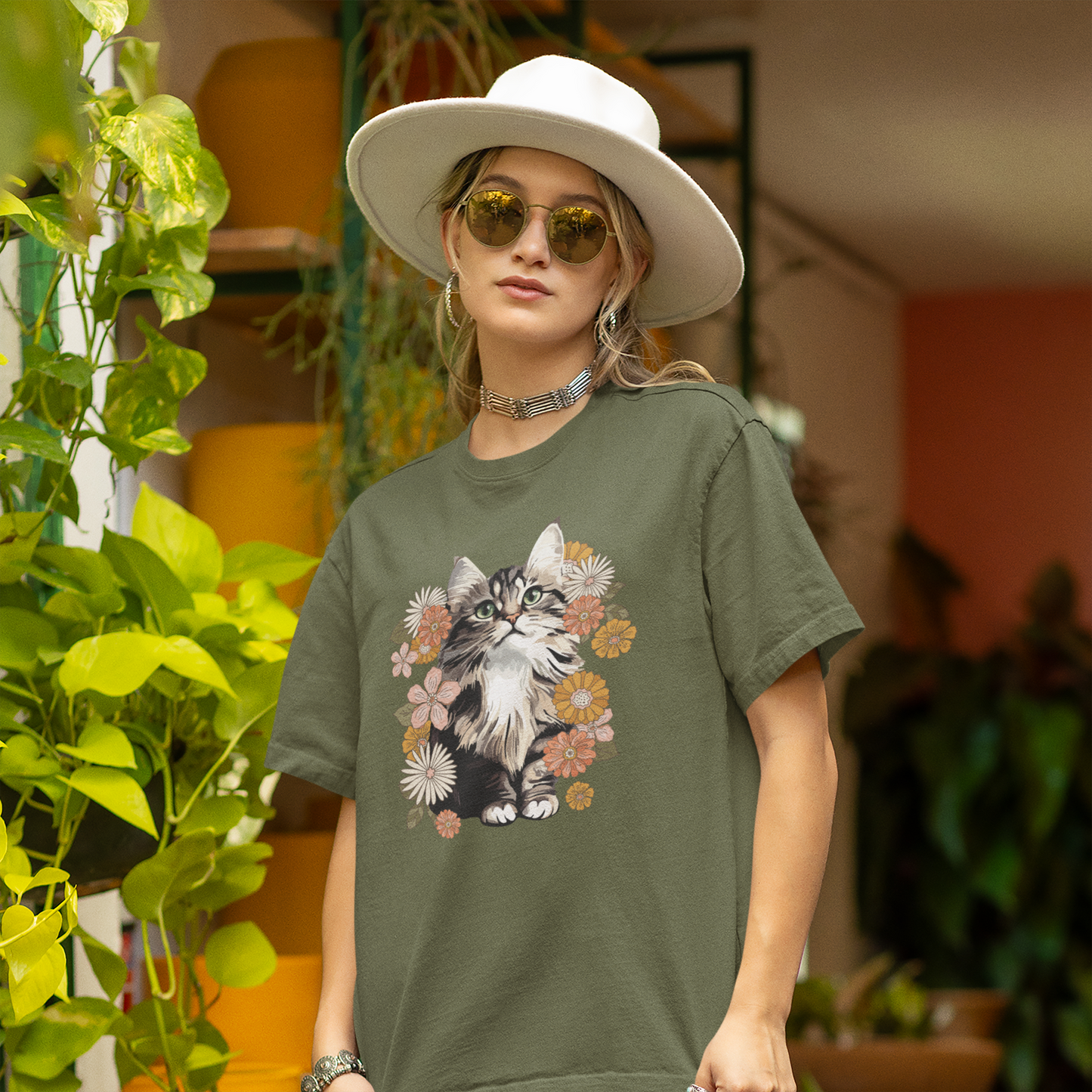 Moonchi Fluffy Kitty In Flowers T-shirt Floral Cat Tee Shirt | Gift for Pet Owners | Retro Vintage Style Tee Summer Apparel