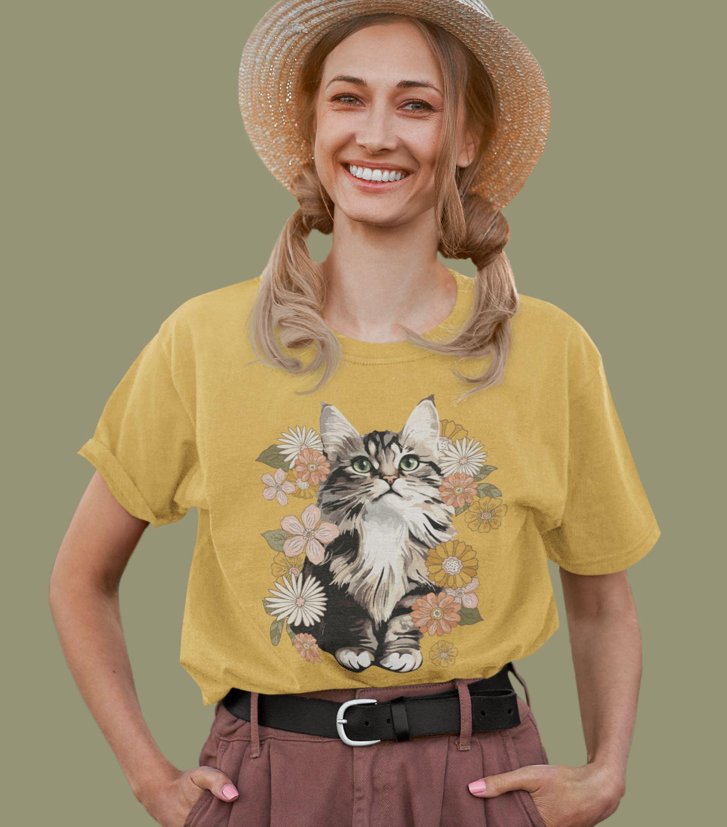 Moonchi Fluffy Kitty In Flowers T-shirt Floral Cat Tee Shirt | Gift for Pet Owners | Retro Vintage Style Tee Summer Apparel