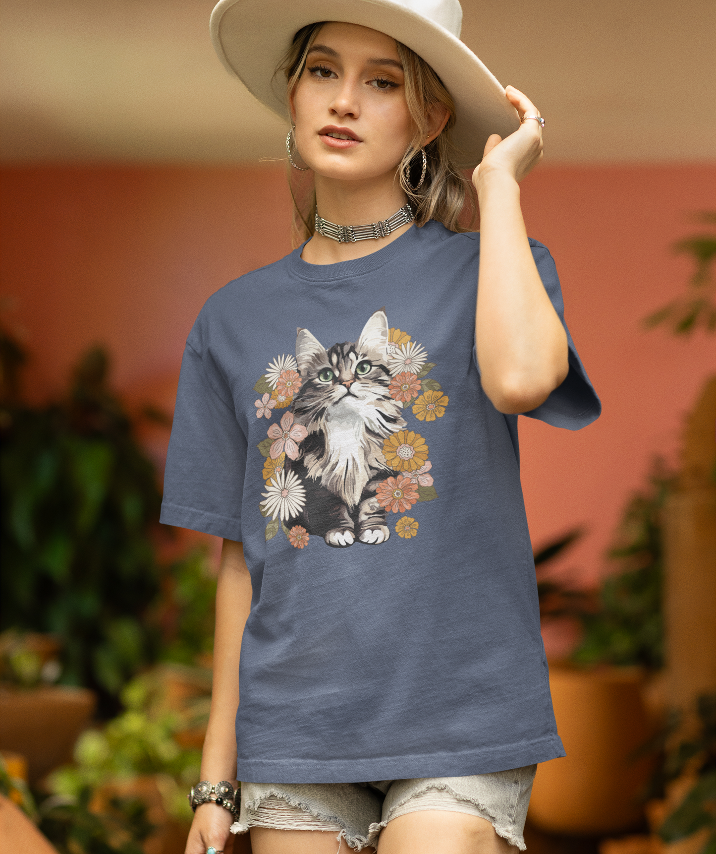 Moonchi Fluffy Kitty In Flowers T-shirt Floral Cat Tee Shirt | Gift for Pet Owners | Retro Vintage Style Tee Summer Apparel