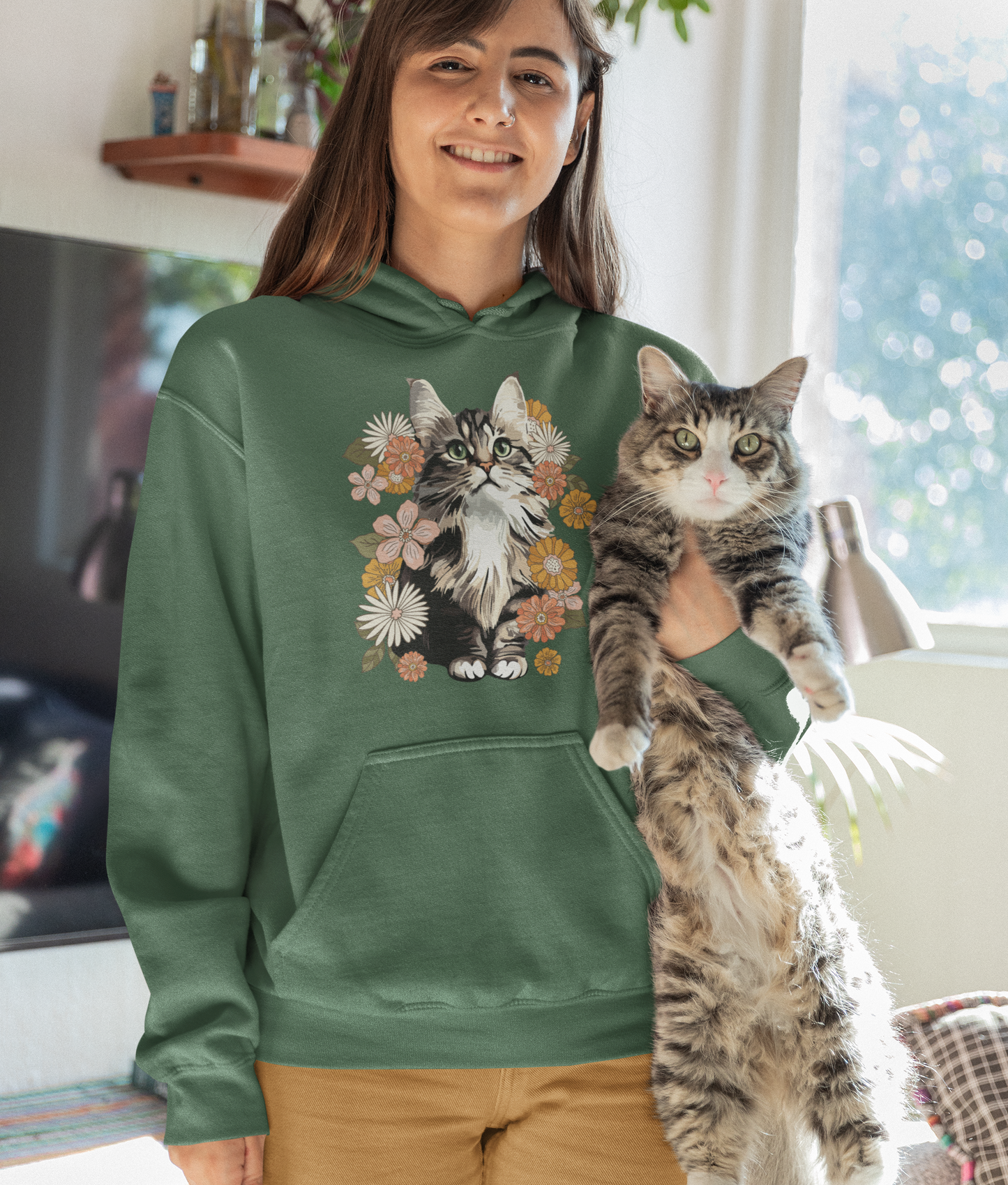 Moonchi Fluffy Kitty In Flowers Hoodie Floral Cat Hooded Sweatshirt, Gift for Cat Lovers Unisex Retro Kitten Flower Long Sleeve Sweater