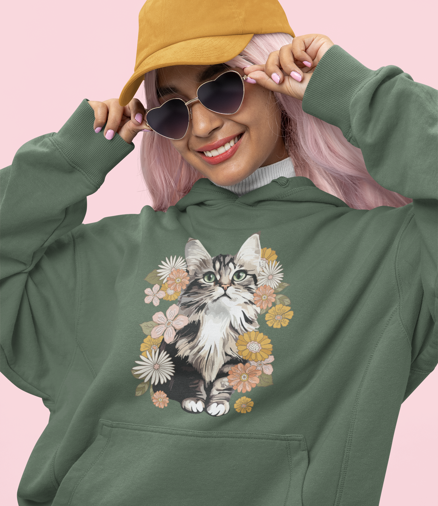 Moonchi Fluffy Kitty In Flowers Hoodie Floral Cat Hooded Sweatshirt, Gift for Cat Lovers Unisex Retro Kitten Flower Long Sleeve Sweater