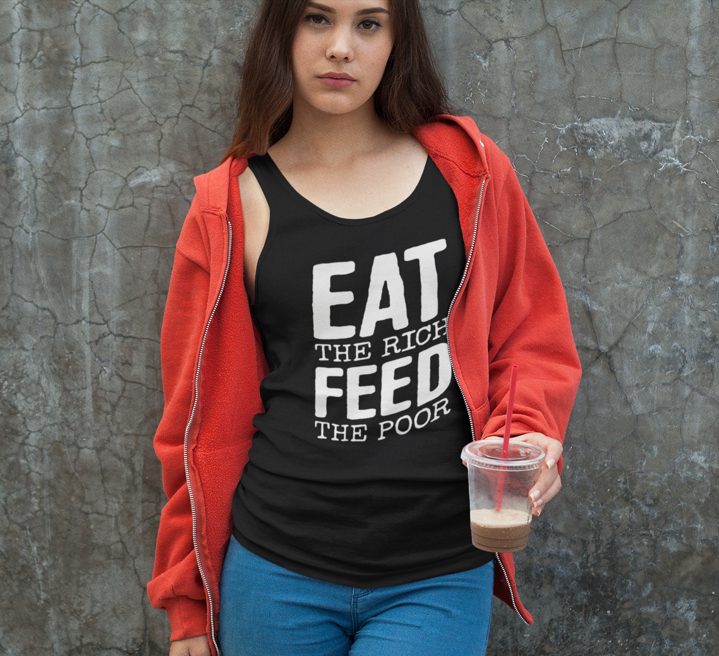 Eat The Rich Feed The Poor Women's Racerback Tank - Ladies Sleeveless Shirt With Bold Eat The Rich Print