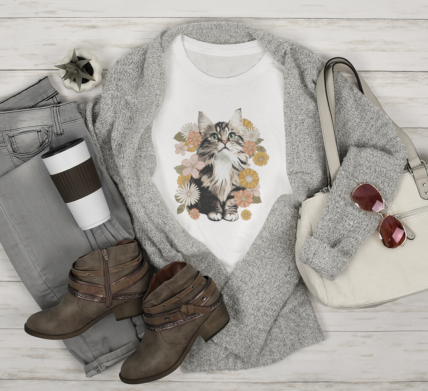 Moonchi Fluffy Kitty In Flowers T-shirt Floral Cat Tee Shirt | Gift for Pet Owners | Retro Vintage Style Tee Summer Apparel