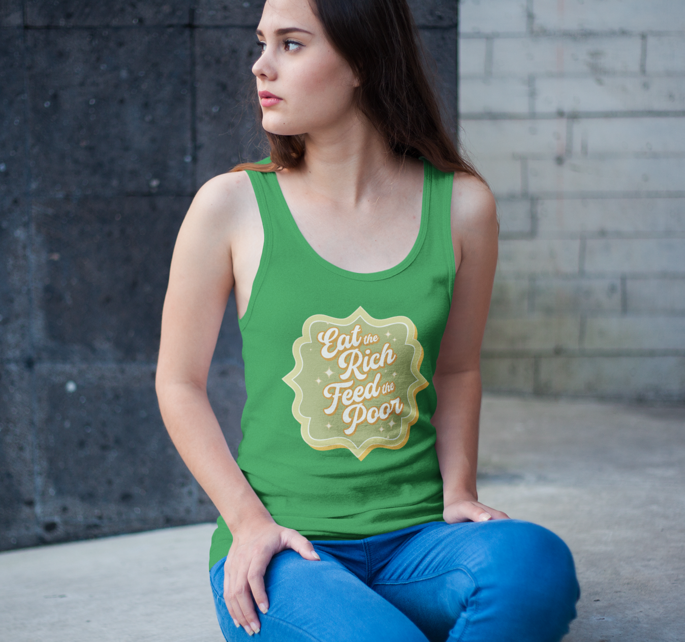 Eat The Rich Feed The Poor Retro Women's Racerback Tank - Ladies Sleeveless Shirt With 1970s Style Eat The Rich Print
