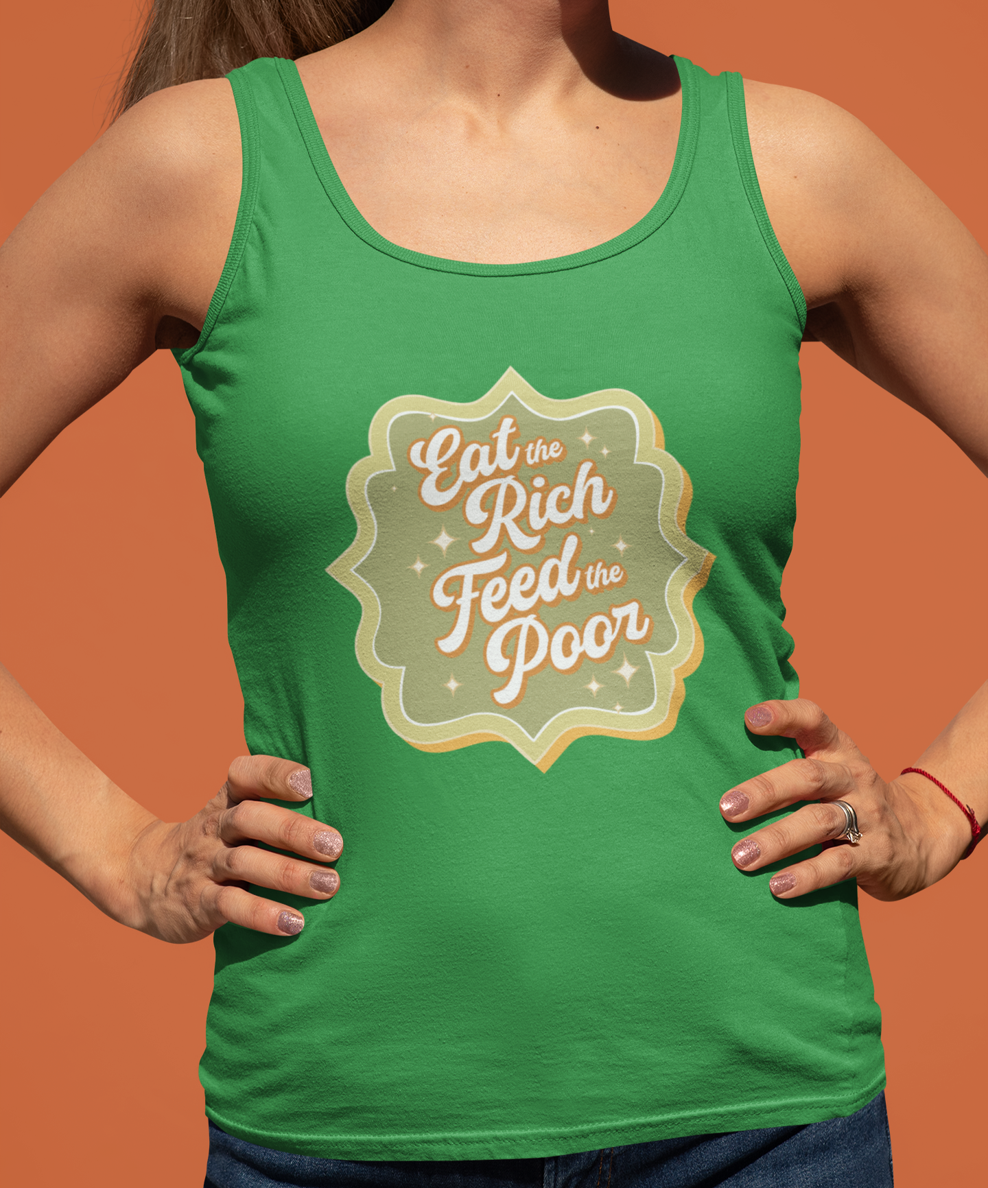 Eat The Rich Feed The Poor Retro Women's Racerback Tank - Ladies Sleeveless Shirt With 1970s Style Eat The Rich Print