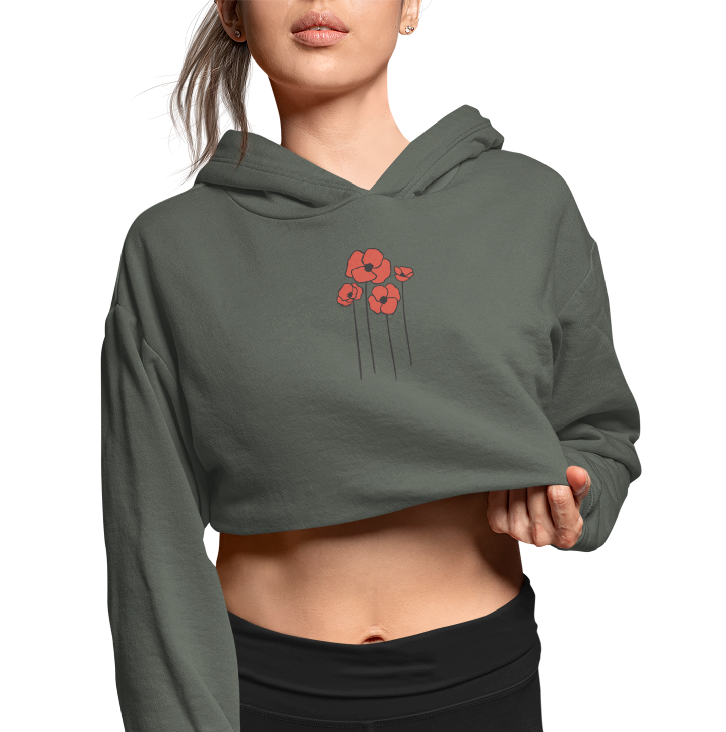 Poppies Flowers Women's Cropped Hoodie, Floral Design Poppy Pullover Hooded Crop Sweatshirt, Flower Garden Apparel, Gift for Her