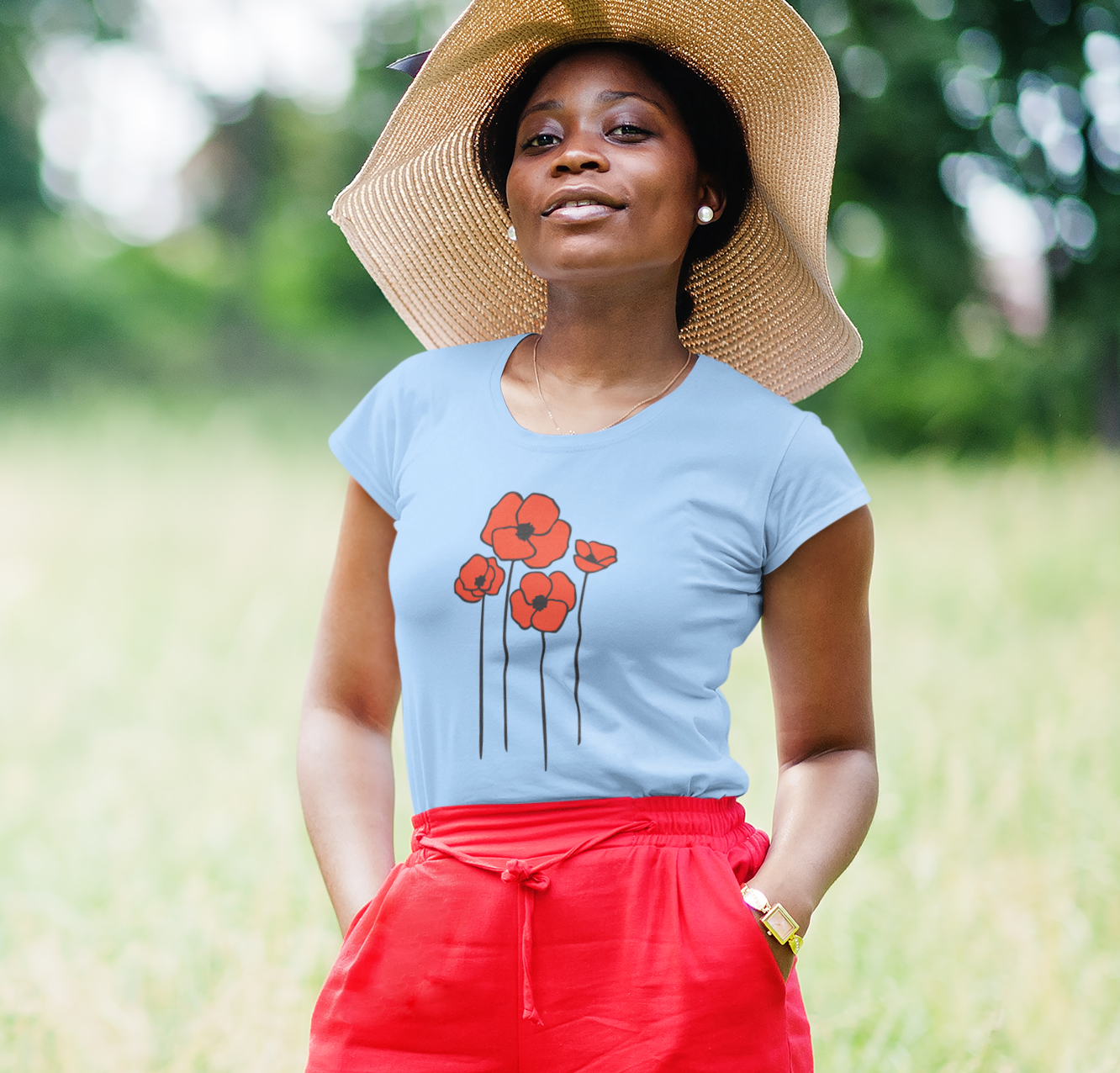 Poppies Floral Ladies Soft Cotton T-shirt Women's Tee with Cute Poppy Flower Design - Spring Garden Gifts for Her