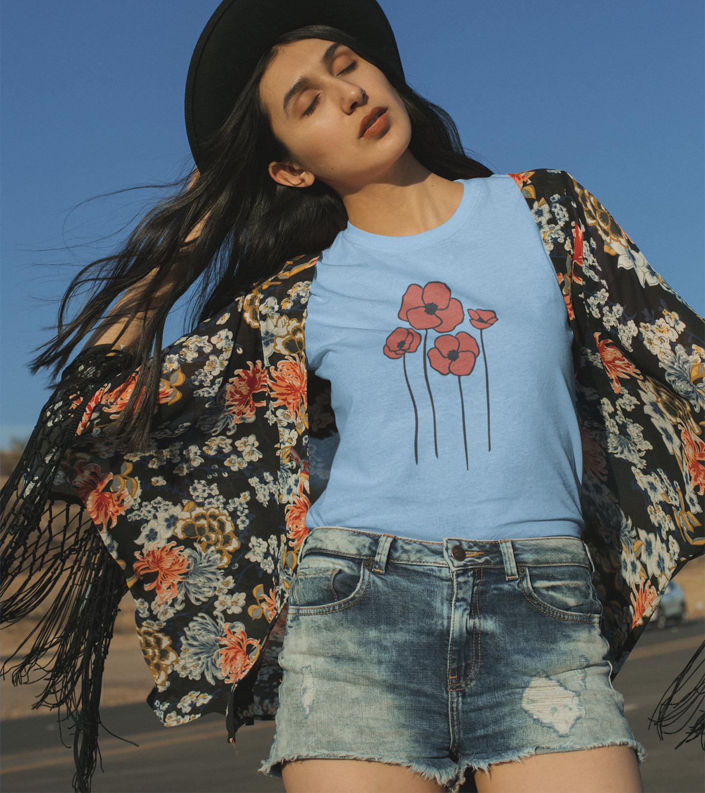 Poppies Floral Ladies Soft Cotton T-shirt Women's Tee with Cute Poppy Flower Design - Spring Garden Gifts for Her