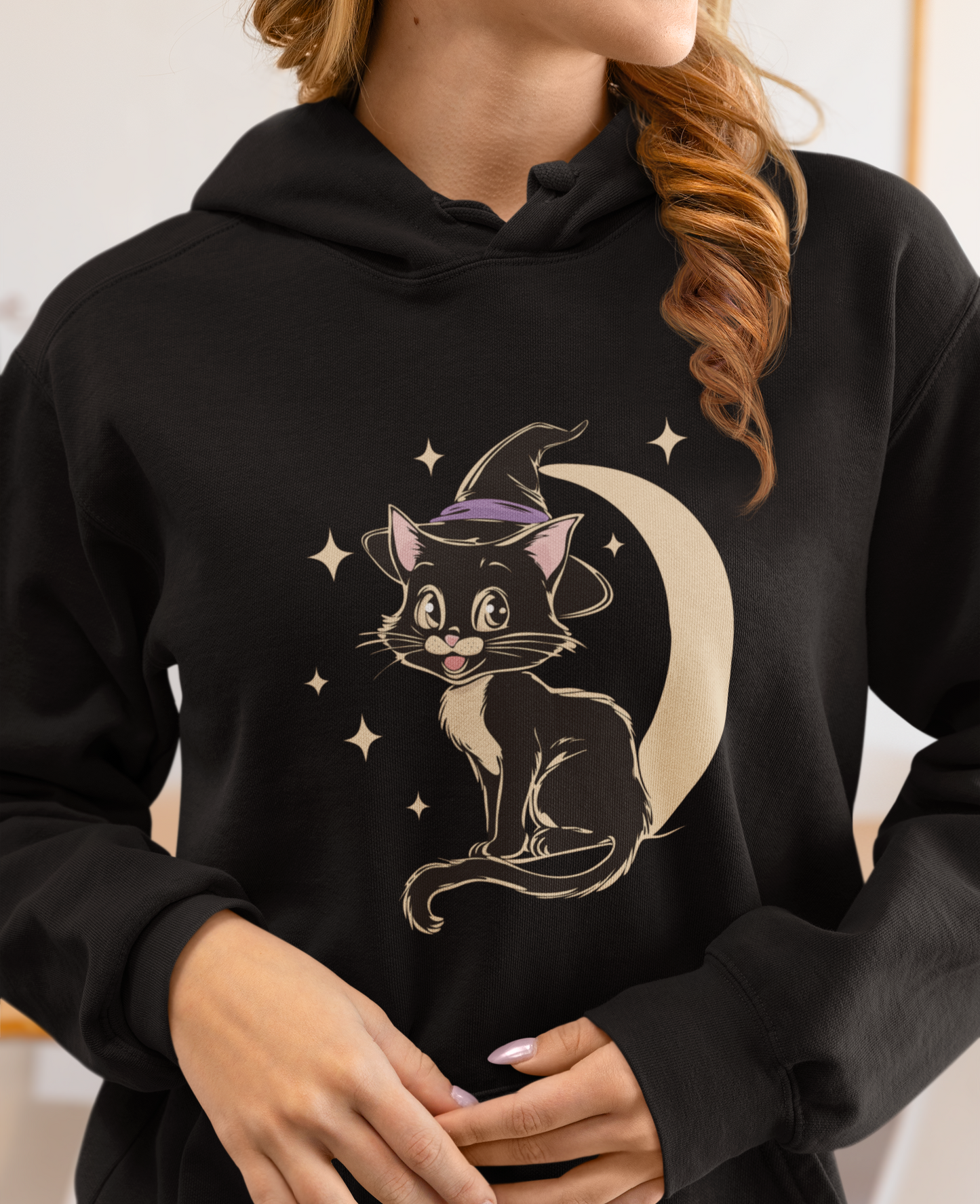 Witchy Kitty Pullover Hoodie Halloween Hooded Sweatshirt with Black Cat with Witch Hat & Crescent Moon Print