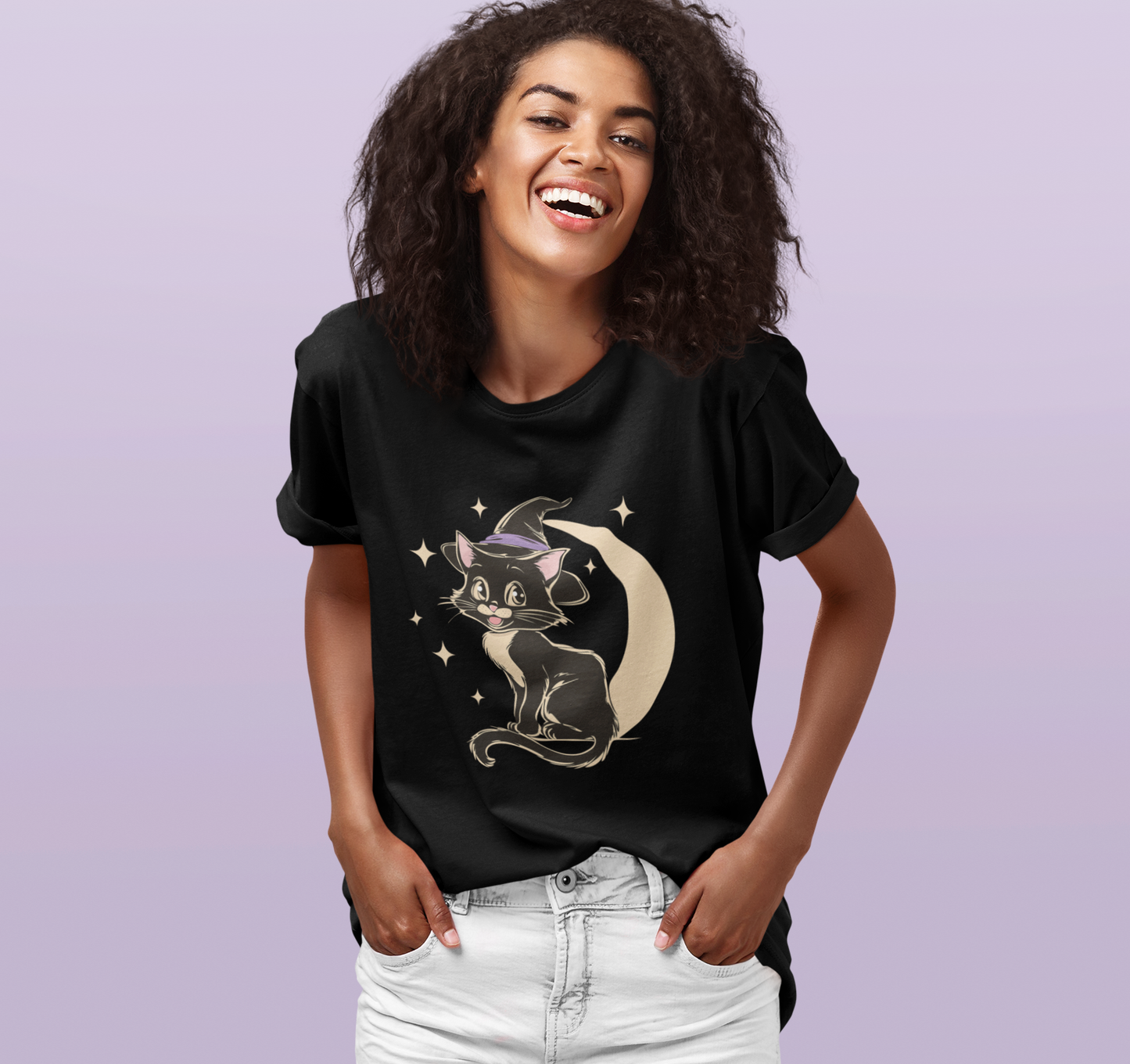 Witchy Kitty Cotton T-Shirt - Black Cat Halloween Graphic Tee with Retro Kitten and Witch Hat with Spooky Crescent Moon Print