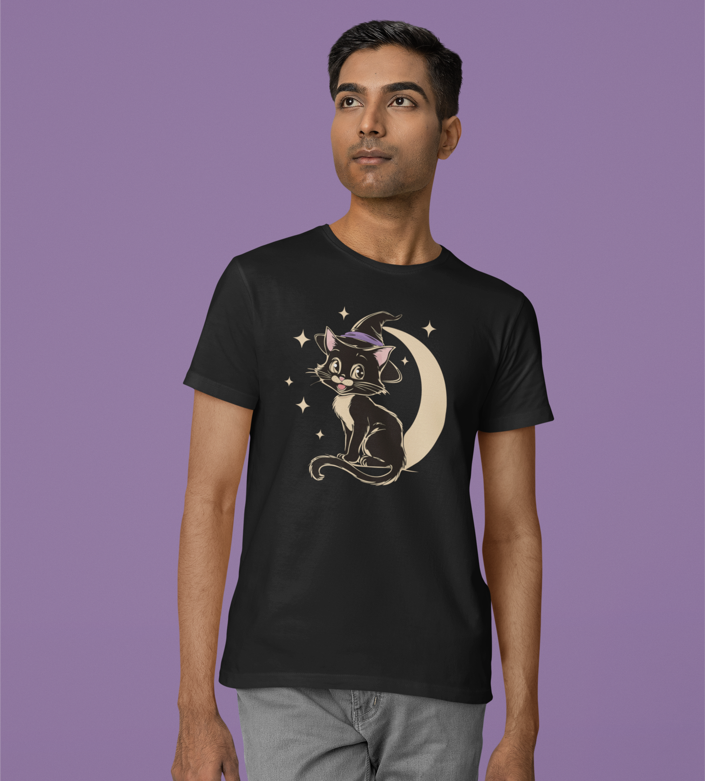 Witchy Kitty Cotton T-Shirt - Black Cat Halloween Graphic Tee with Retro Kitten and Witch Hat with Spooky Crescent Moon Print