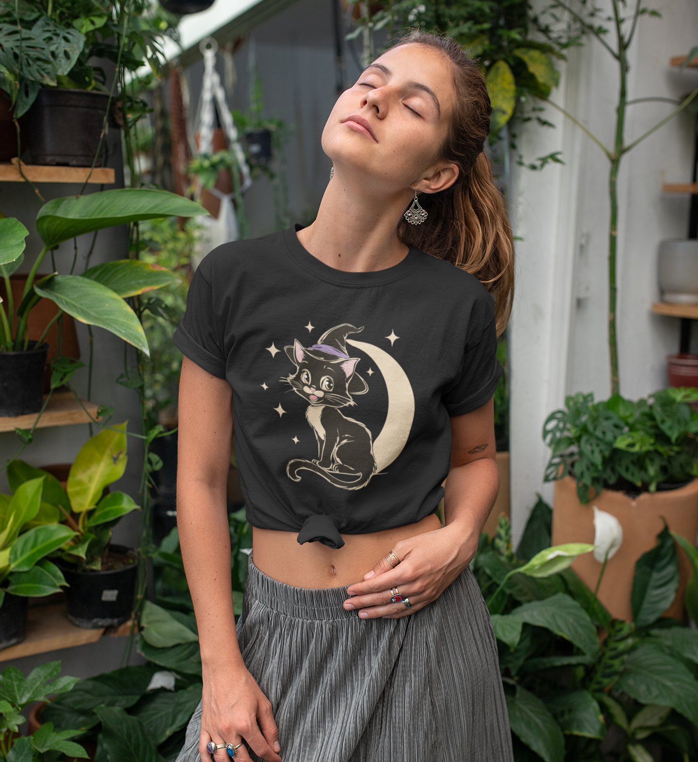 Witchy Kitty Cotton T-Shirt - Black Cat Halloween Graphic Tee with Retro Kitten and Witch Hat with Spooky Crescent Moon Print
