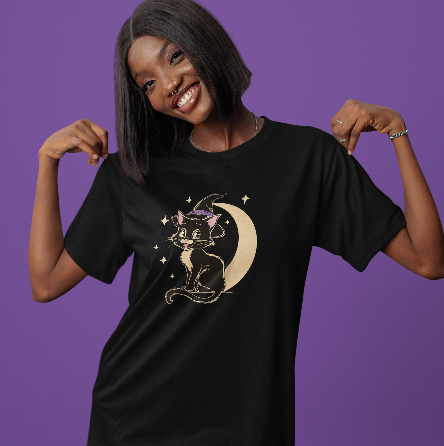 Witchy Kitty Cotton T-Shirt - Black Cat Halloween Graphic Tee with Retro Kitten and Witch Hat with Spooky Crescent Moon Print