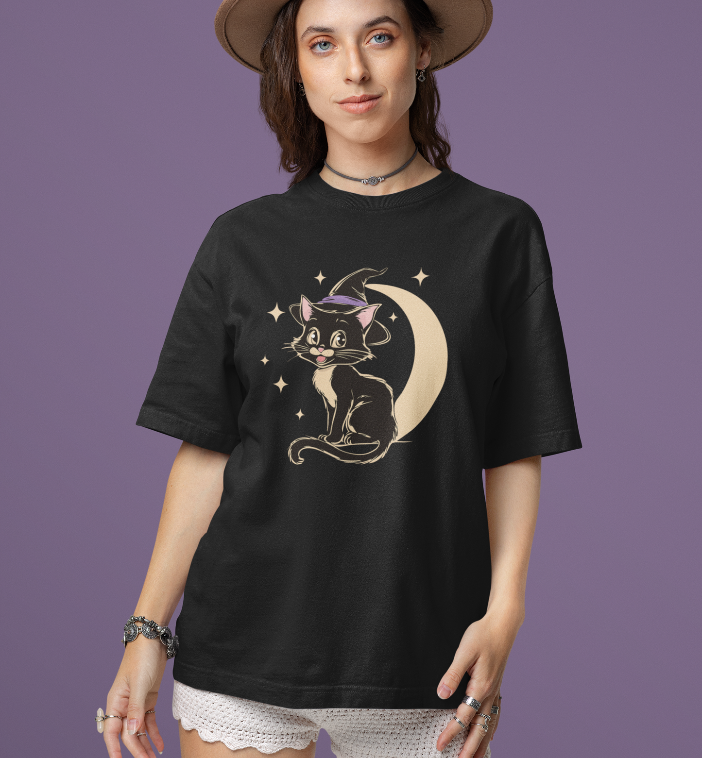 Witchy Kitty Cotton T-Shirt - Black Cat Halloween Graphic Tee with Retro Kitten and Witch Hat with Spooky Crescent Moon Print