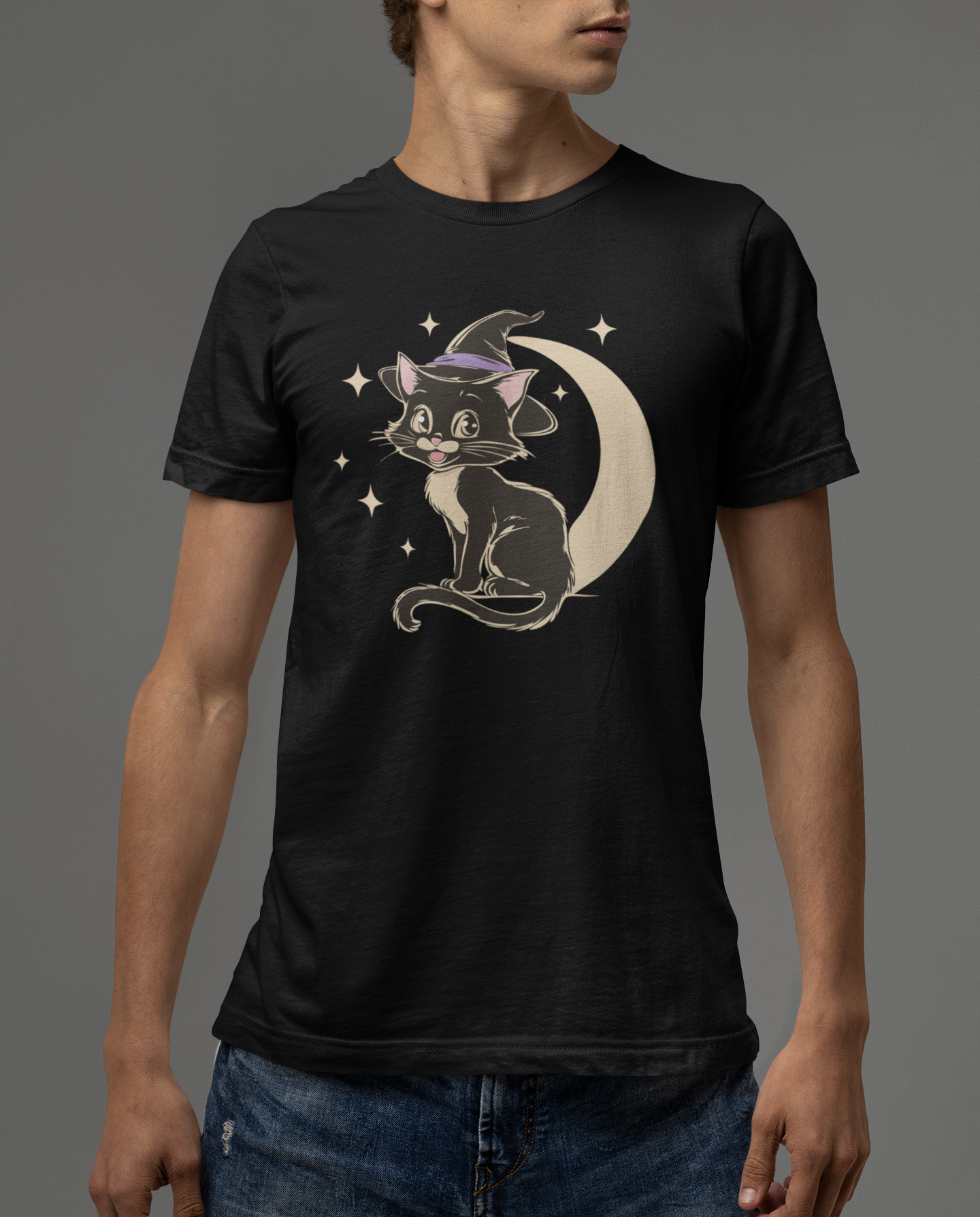 Witchy Kitty Cotton T-Shirt - Black Cat Halloween Graphic Tee with Retro Kitten and Witch Hat with Spooky Crescent Moon Print