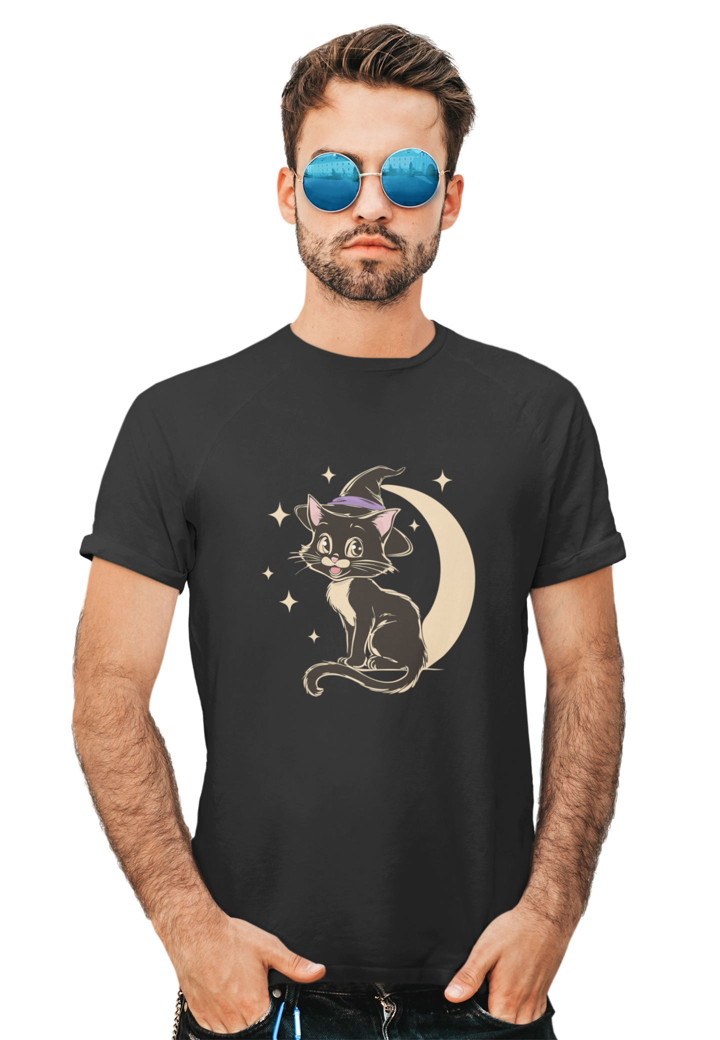 Witchy Kitty Cotton T-Shirt - Black Cat Halloween Graphic Tee with Retro Kitten and Witch Hat with Spooky Crescent Moon Print