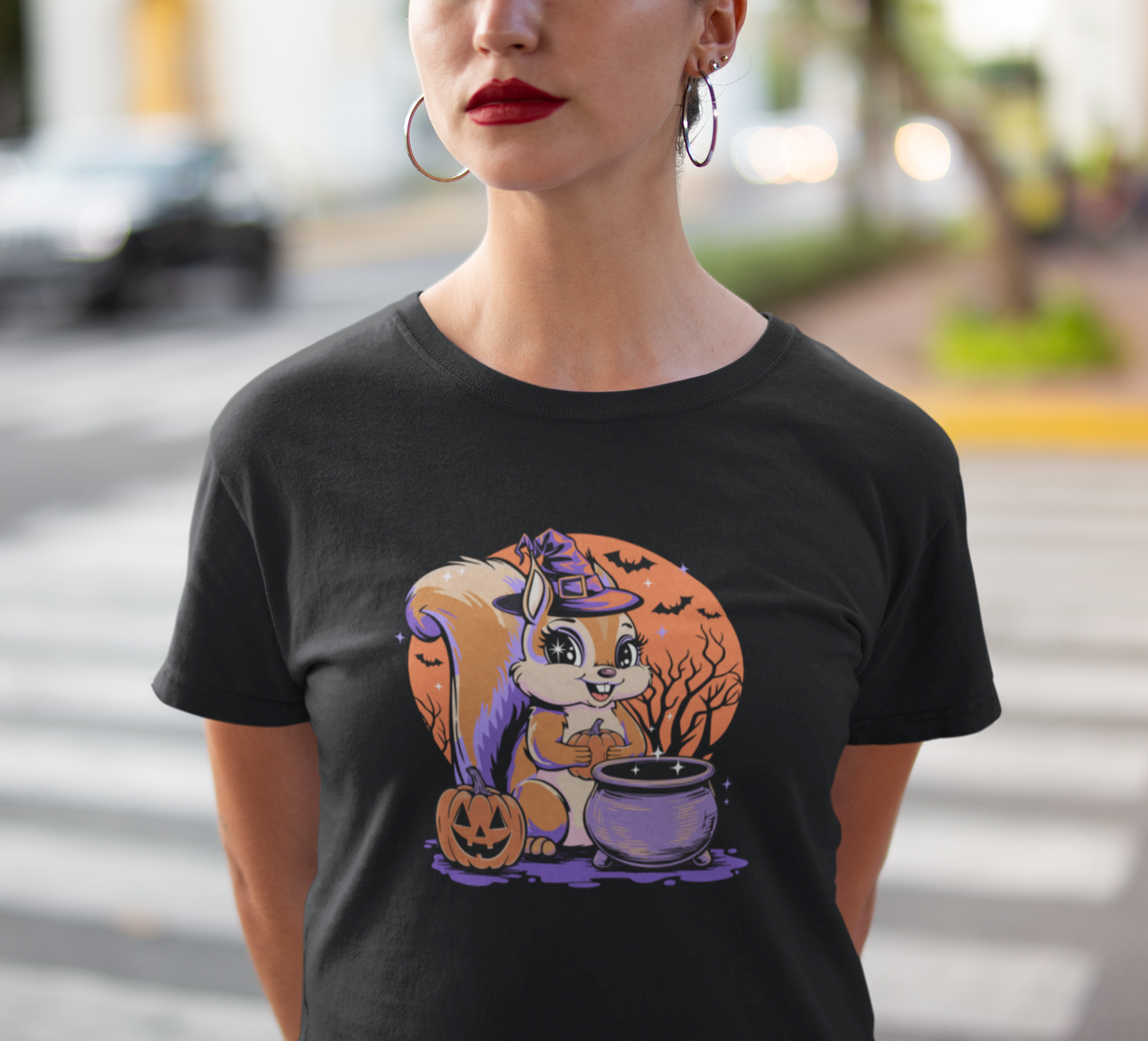 Witchy Squirrel T-shirt, Halloween Witch Squirrels Pumpkin Cauldron & Bats, Spooky Magical Short Sleeve Tee Mens Womens Top