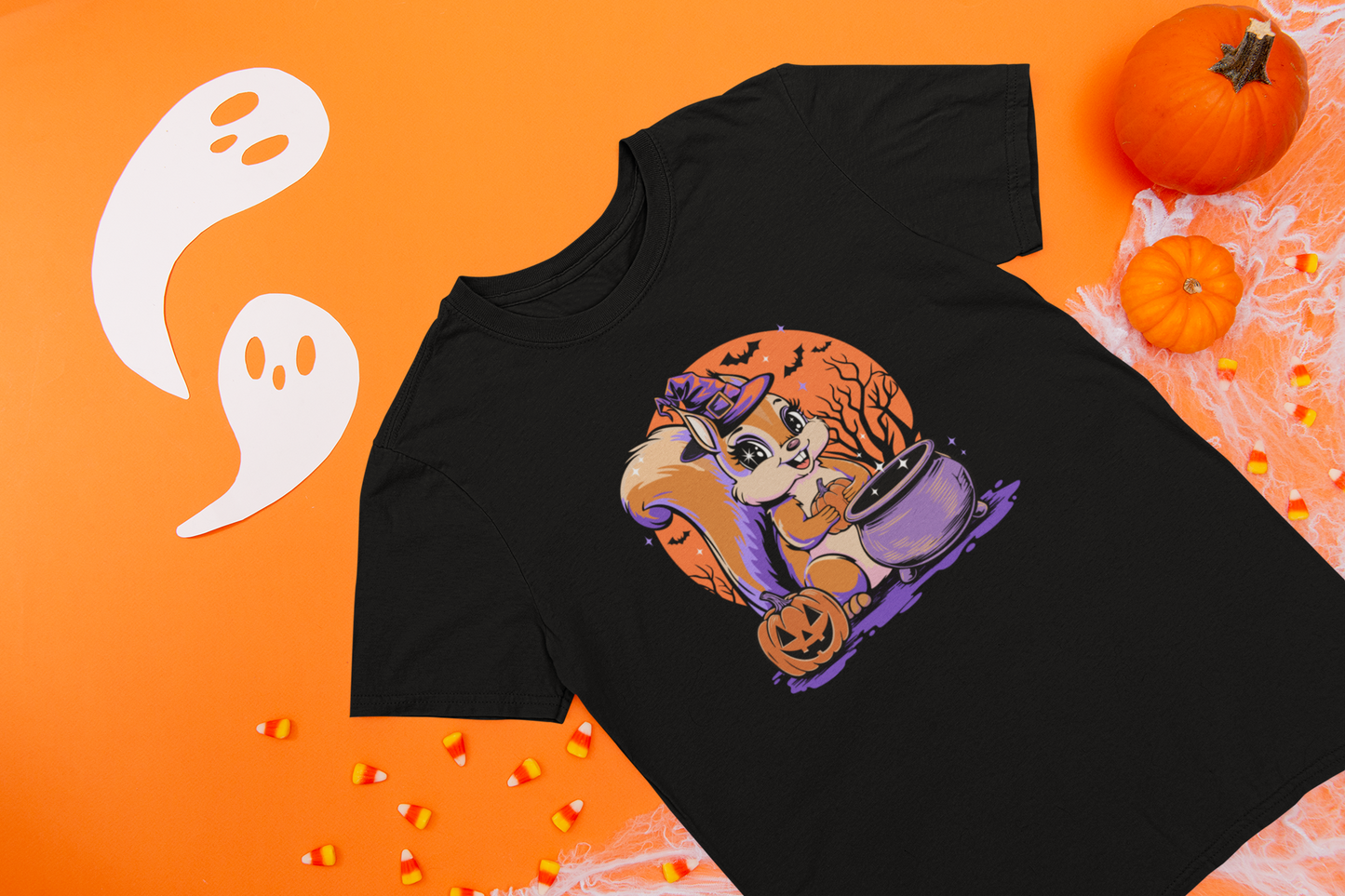 Witchy Squirrel T-shirt, Halloween Witch Squirrels Pumpkin Cauldron & Bats, Spooky Magical Short Sleeve Tee Mens Womens Top