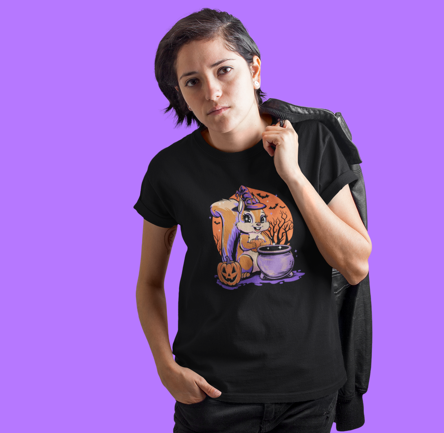 Witchy Squirrel T-shirt, Halloween Witch Squirrels Pumpkin Cauldron & Bats, Spooky Magical Short Sleeve Tee Mens Womens Top