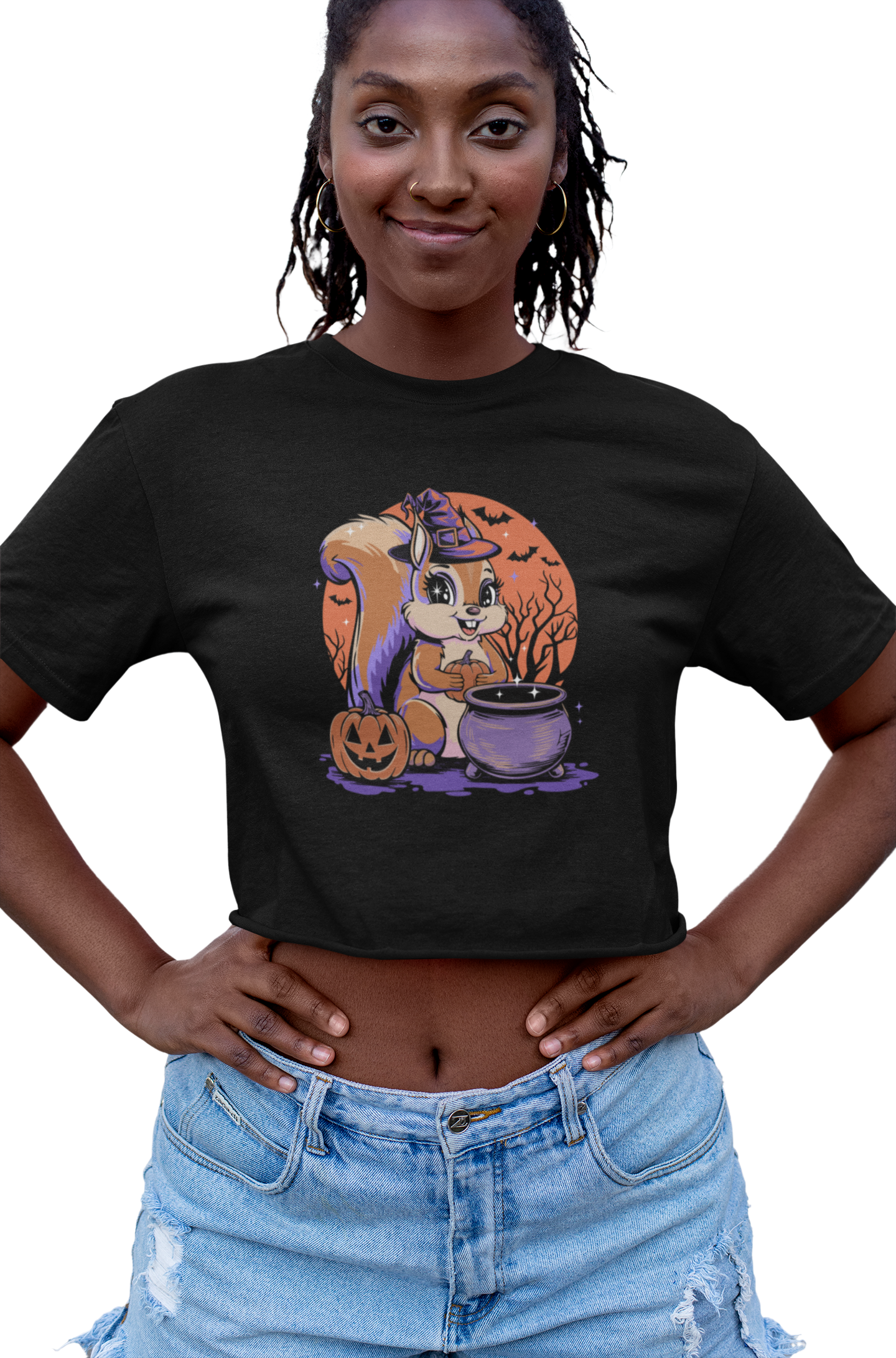 Witchy Squirrel Women's Crop Top Tee, Halloween Witch Squirrels Pumpkin Cauldron & Bats, Spooky Magical Cropped T-shirt Tees