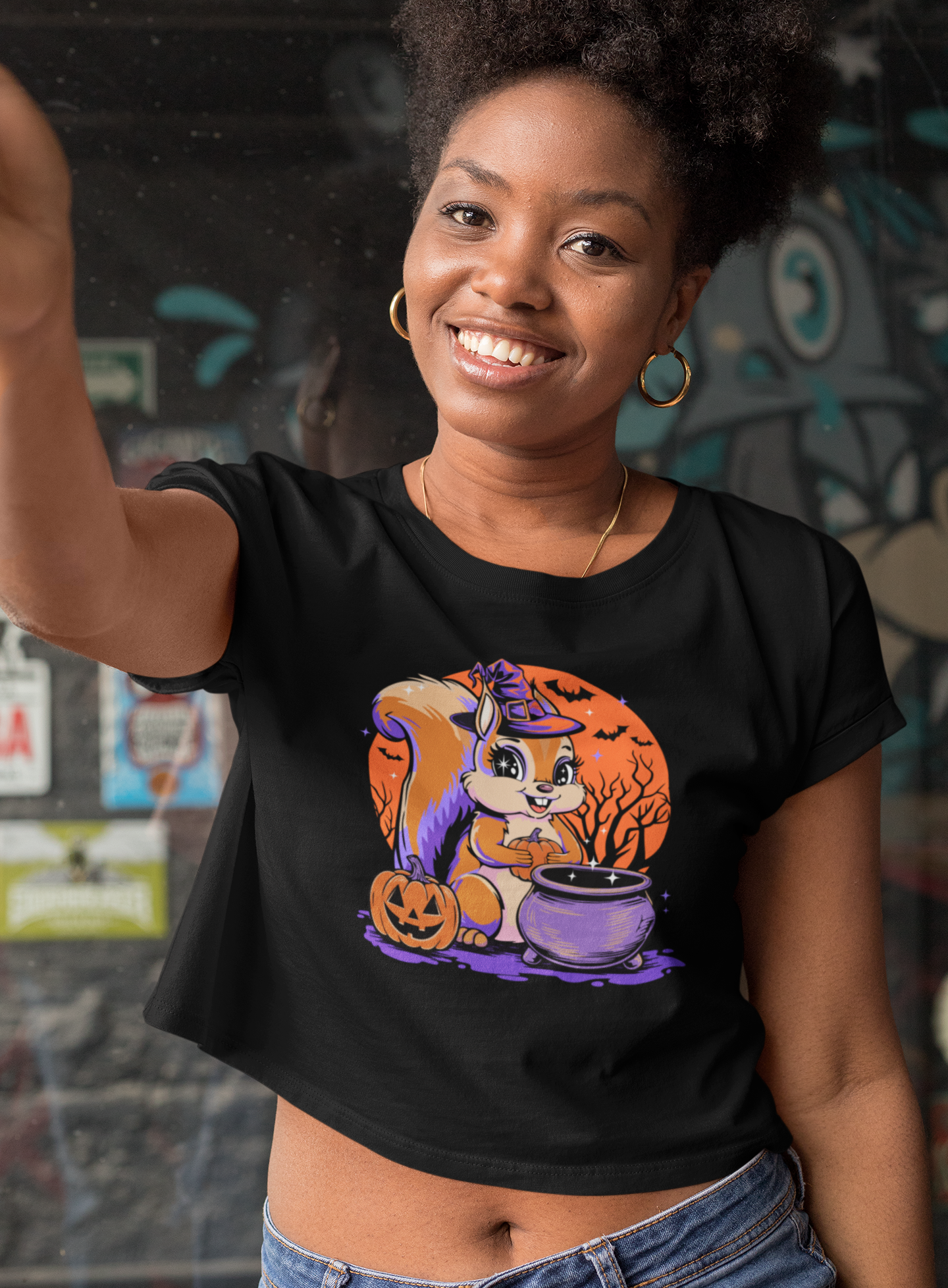 Witchy Squirrel Women's Crop Top Tee, Halloween Witch Squirrels Pumpkin Cauldron & Bats, Spooky Magical Cropped T-shirt Tees