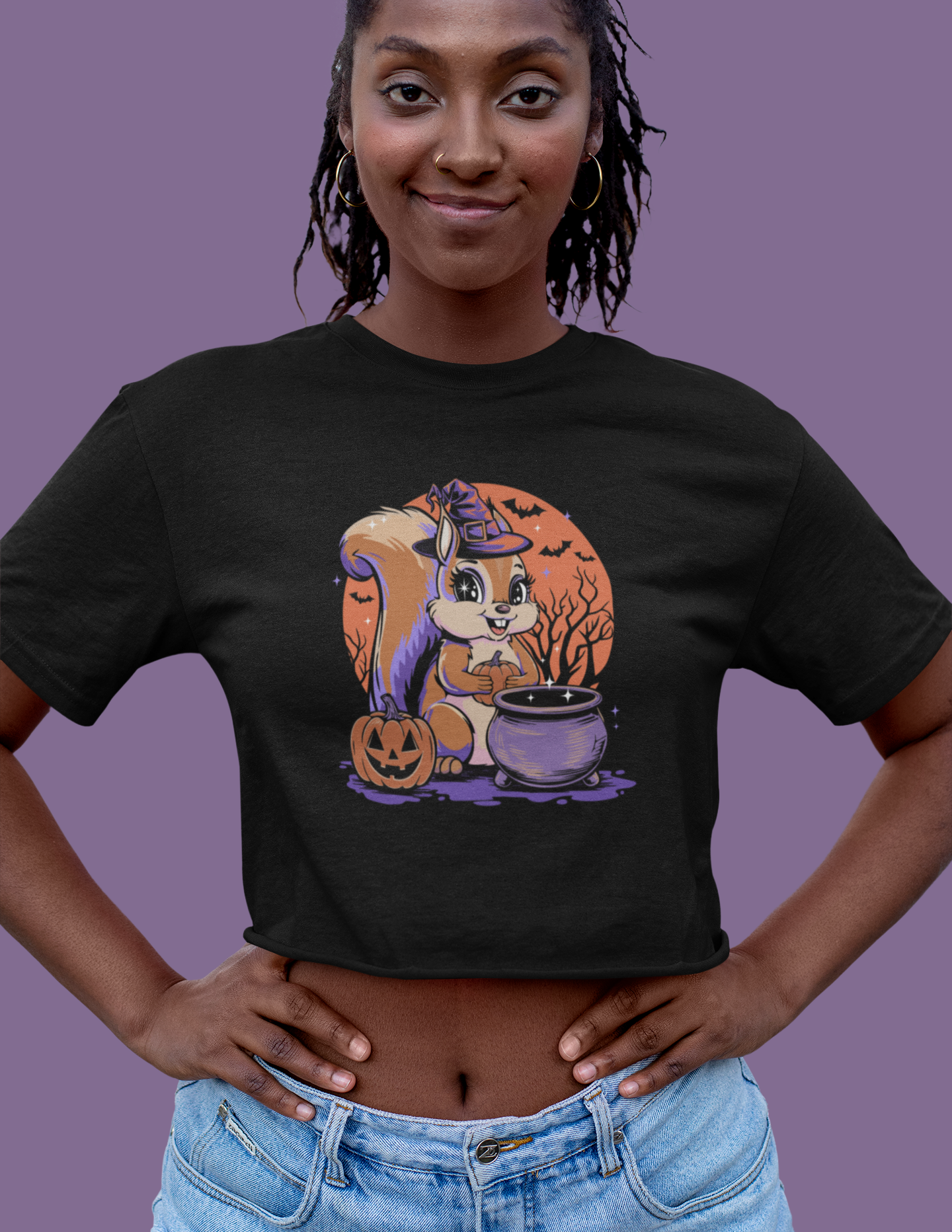 Witchy Squirrel Women's Crop Top Tee, Halloween Witch Squirrels Pumpkin Cauldron & Bats, Spooky Magical Cropped T-shirt Tees