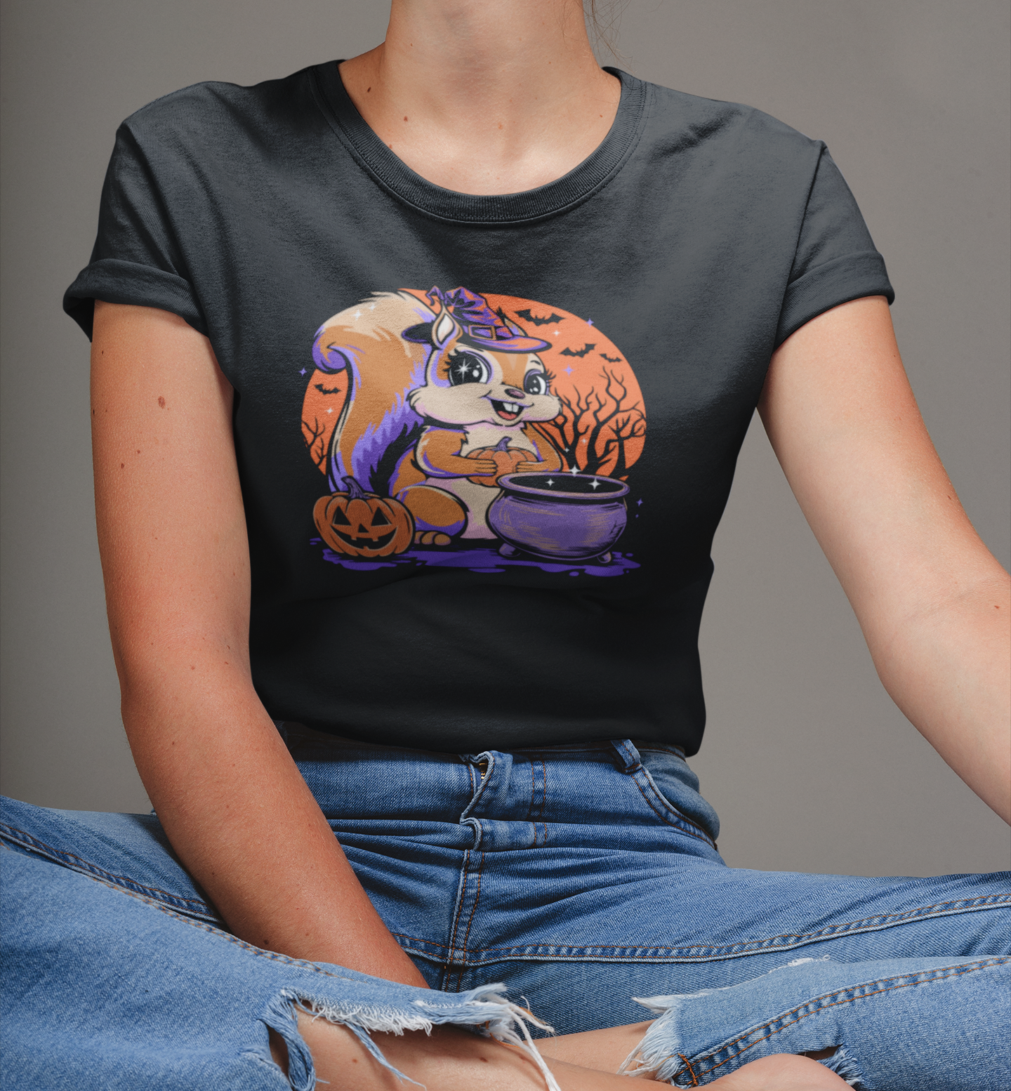 Witchy Squirrel Women's T-shirt, Halloween Witch Squirrels Pumpkin Cauldron & Bats, Spooky Magical Semi-Fitted Ladies Tee