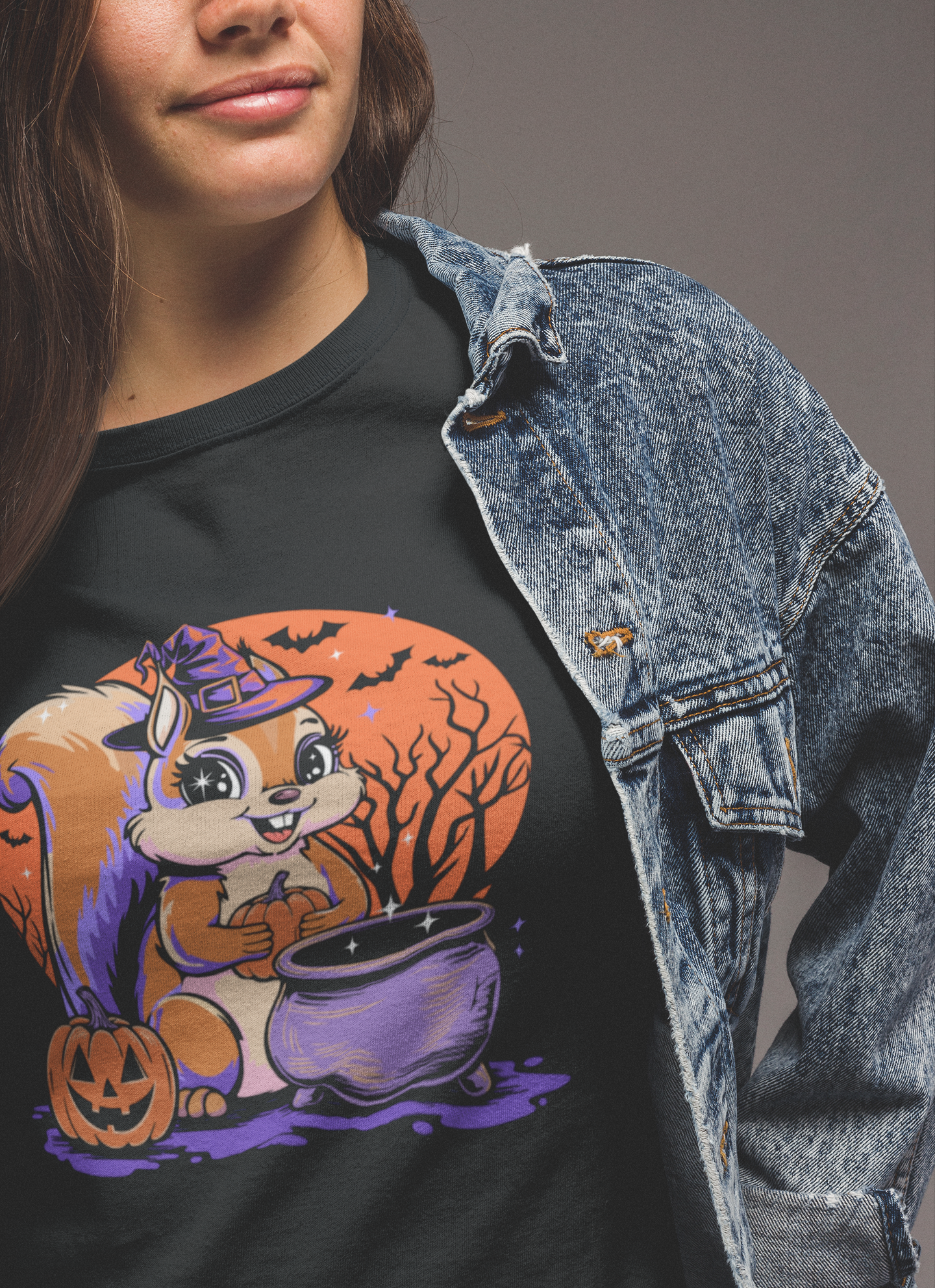 Witchy Squirrel Women's T-shirt, Halloween Witch Squirrels Pumpkin Cauldron & Bats, Spooky Magical Semi-Fitted Ladies Tee