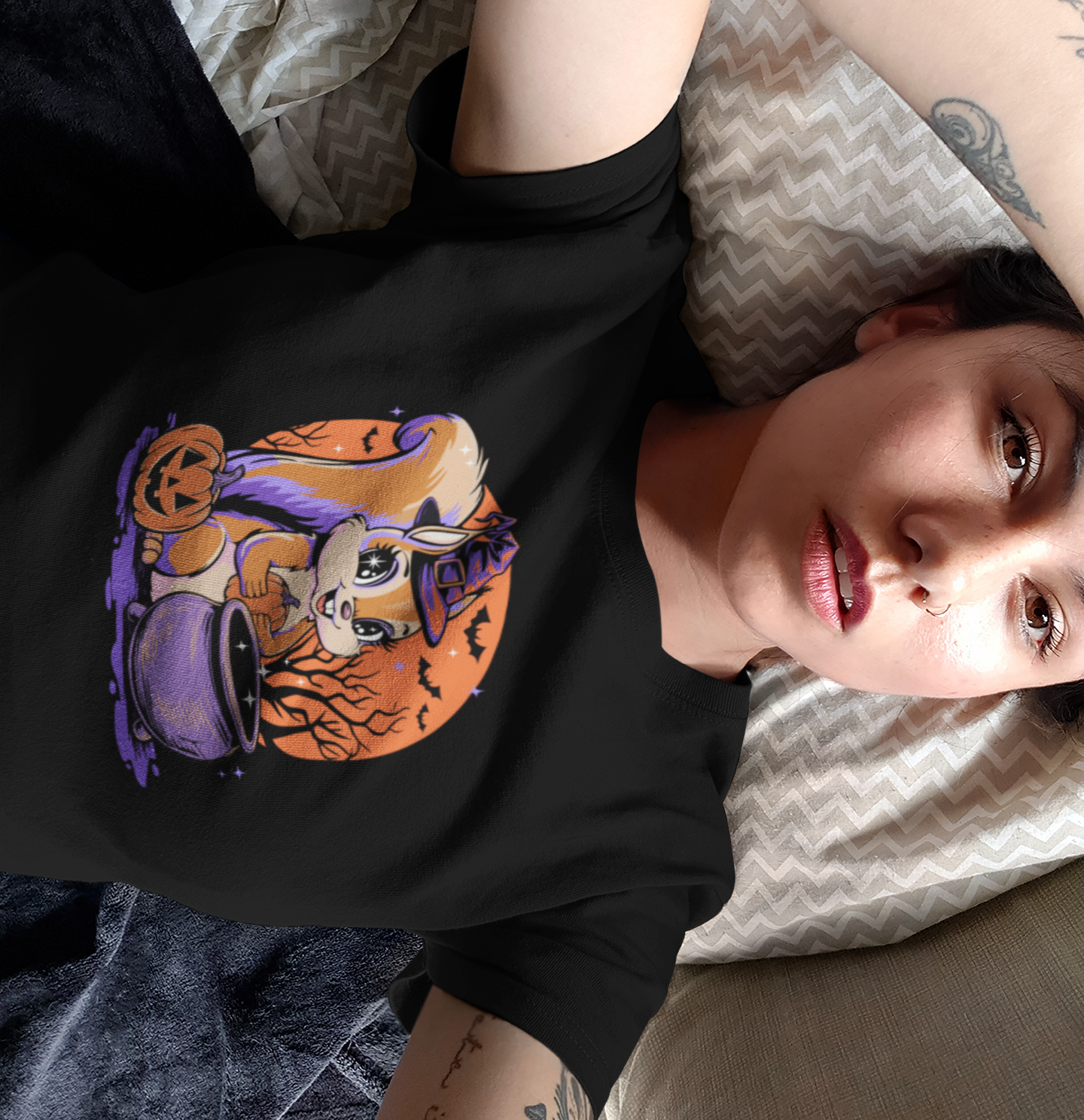 Witchy Squirrel Women's T-shirt, Halloween Witch Squirrels Pumpkin Cauldron & Bats, Spooky Magical Semi-Fitted Ladies Tee
