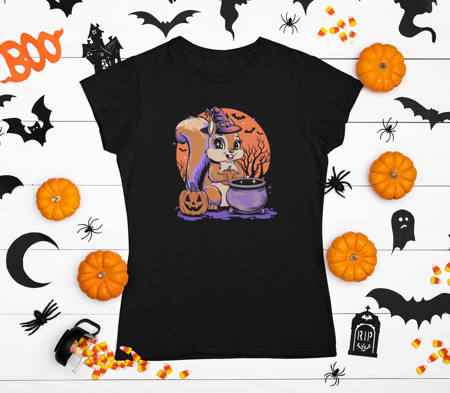 Witchy Squirrel Women's T-shirt, Halloween Witch Squirrels Pumpkin Cauldron & Bats, Spooky Magical Semi-Fitted Ladies Tee