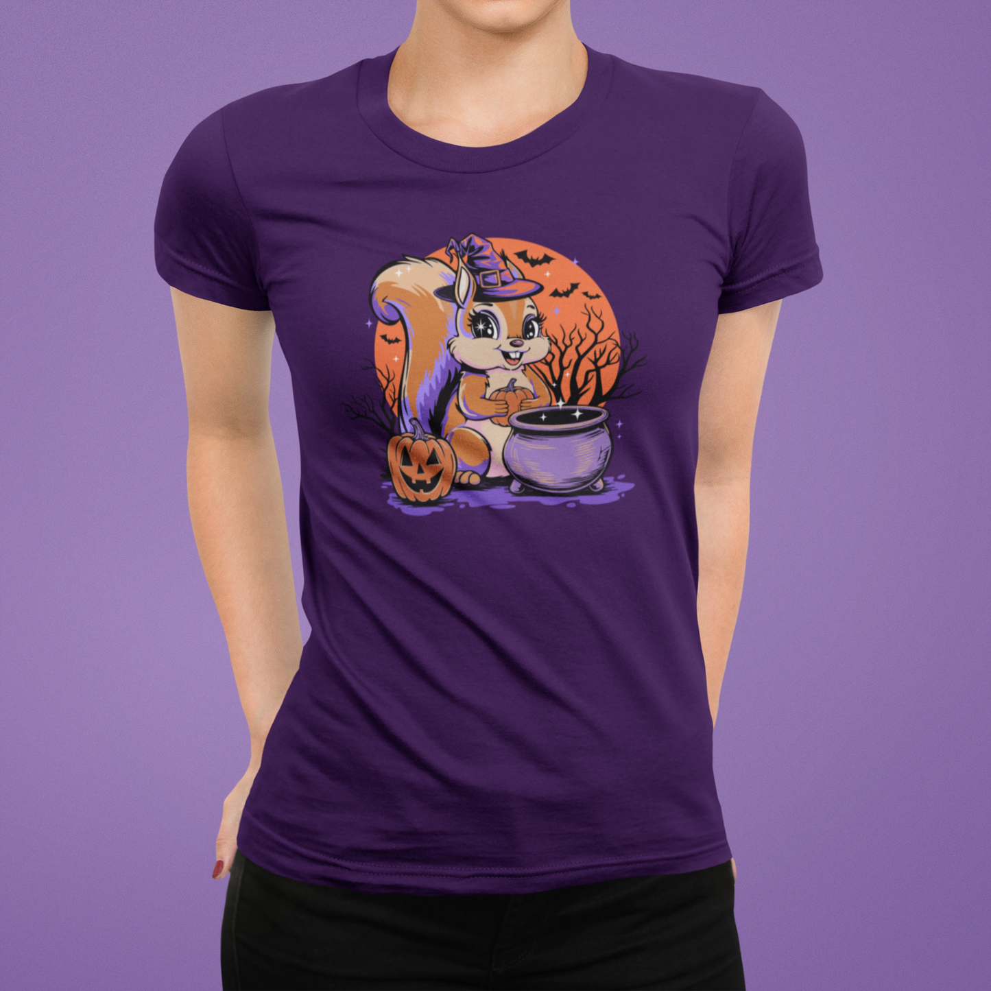Witchy Squirrel Women's T-shirt, Halloween Witch Squirrels Pumpkin Cauldron & Bats, Spooky Magical Semi-Fitted Ladies Tee