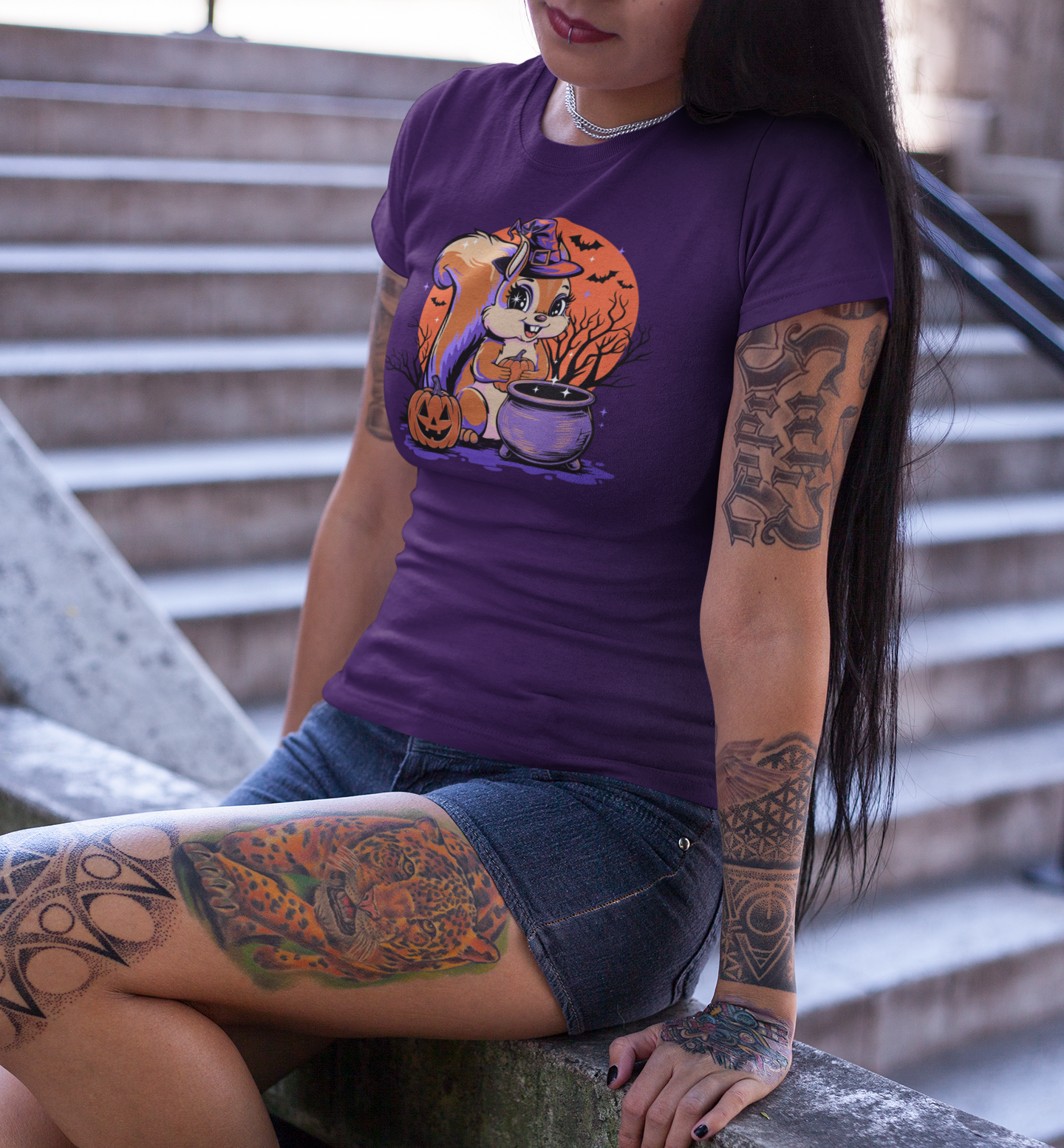 Witchy Squirrel Women's T-shirt, Halloween Witch Squirrels Pumpkin Cauldron & Bats, Spooky Magical Semi-Fitted Ladies Tee