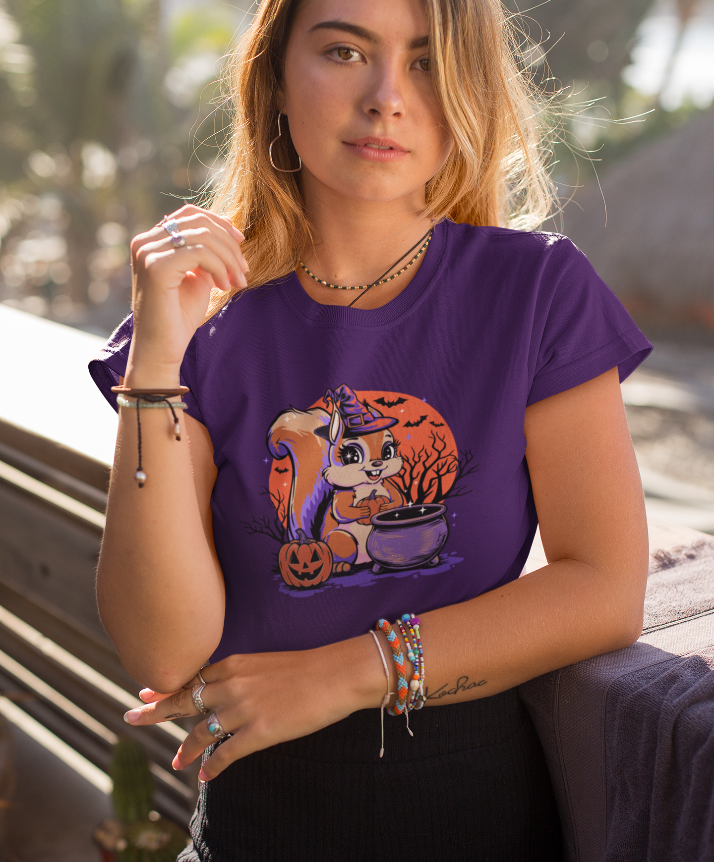 Witchy Squirrel Women's T-shirt, Halloween Witch Squirrels Pumpkin Cauldron & Bats, Spooky Magical Semi-Fitted Ladies Tee