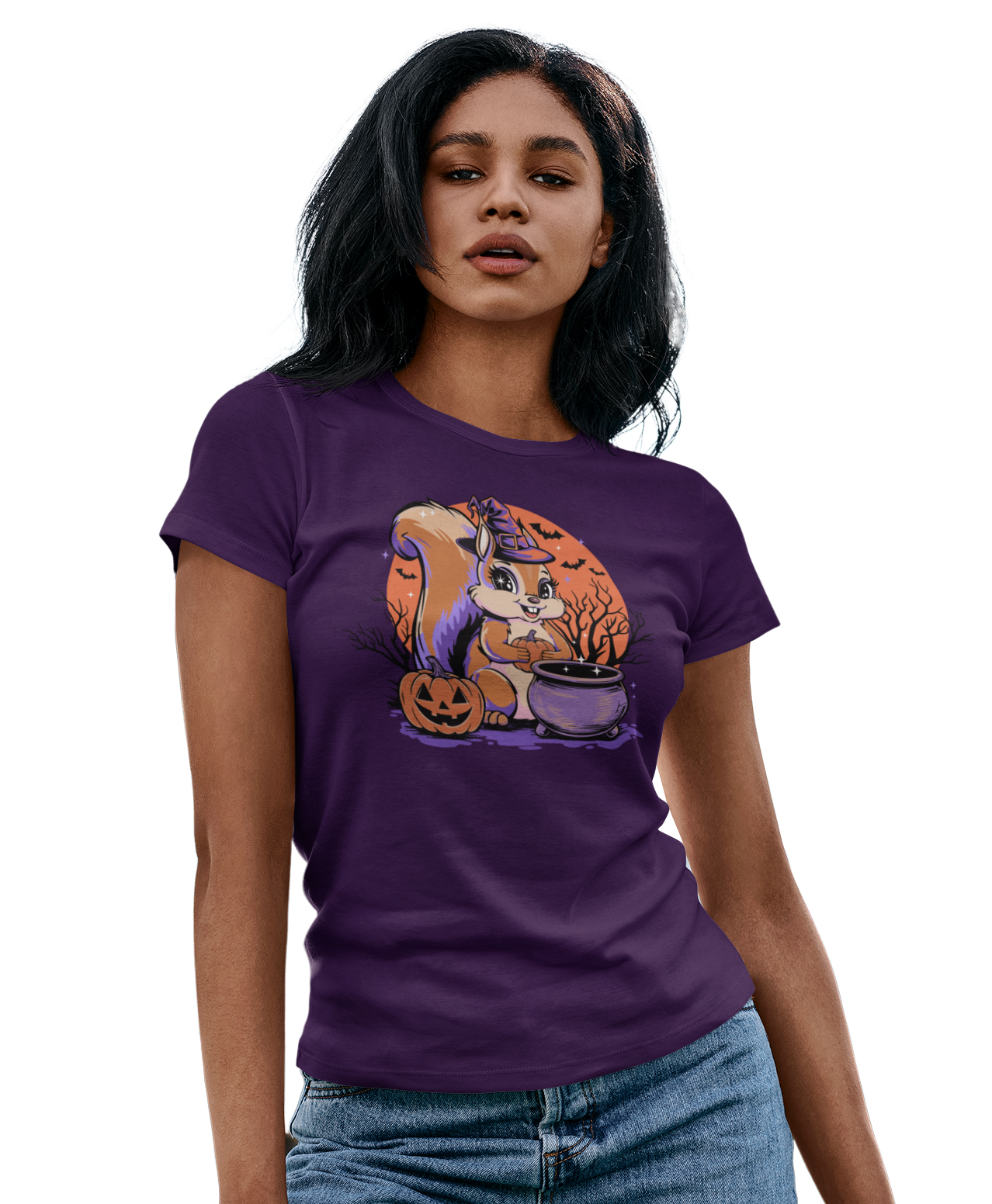 Witchy Squirrel Women's T-shirt, Halloween Witch Squirrels Pumpkin Cauldron & Bats, Spooky Magical Semi-Fitted Ladies Tee
